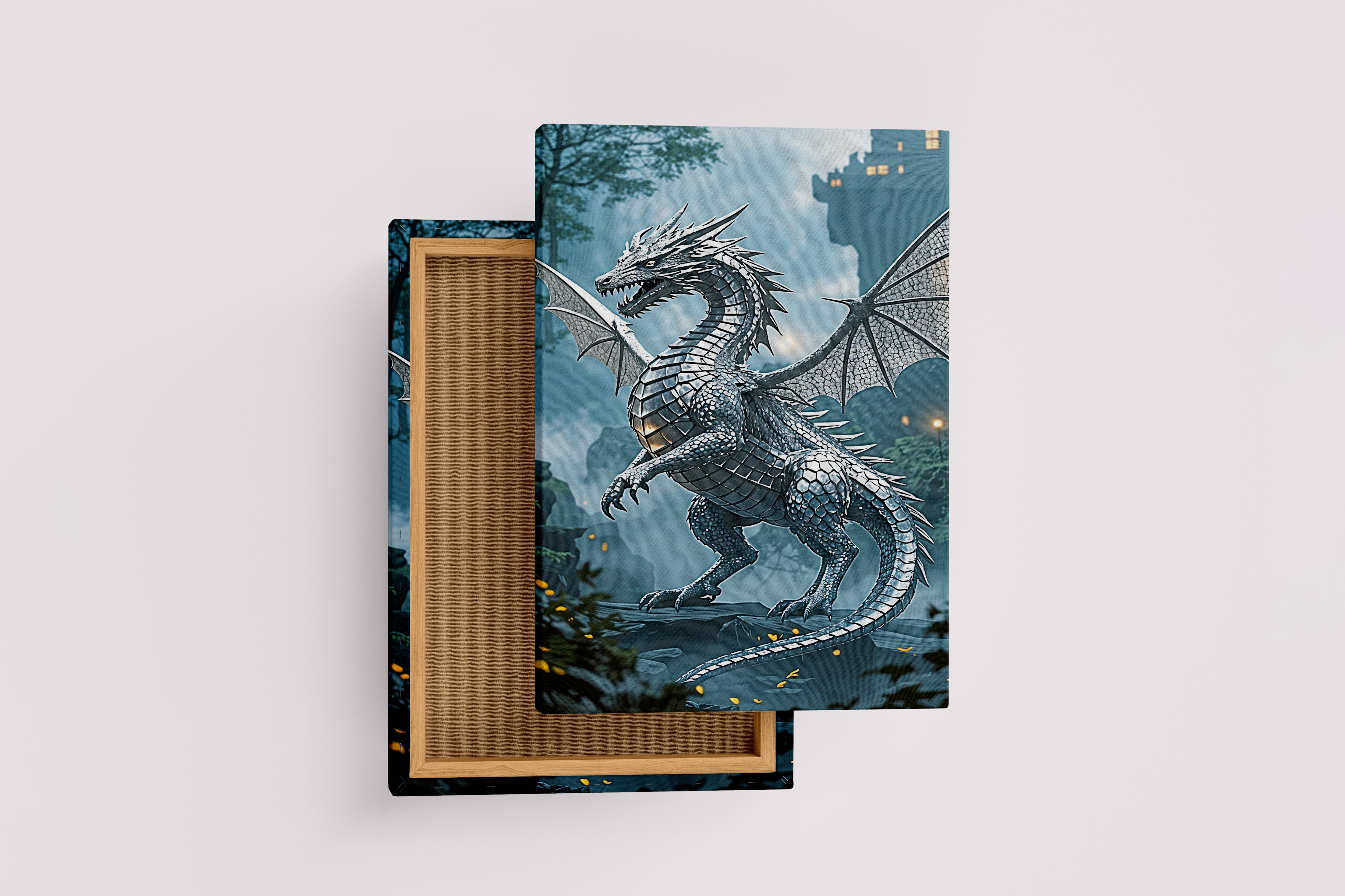 ai creation, silver plated dragon, dark themed, ai art, art, kanvas tablo