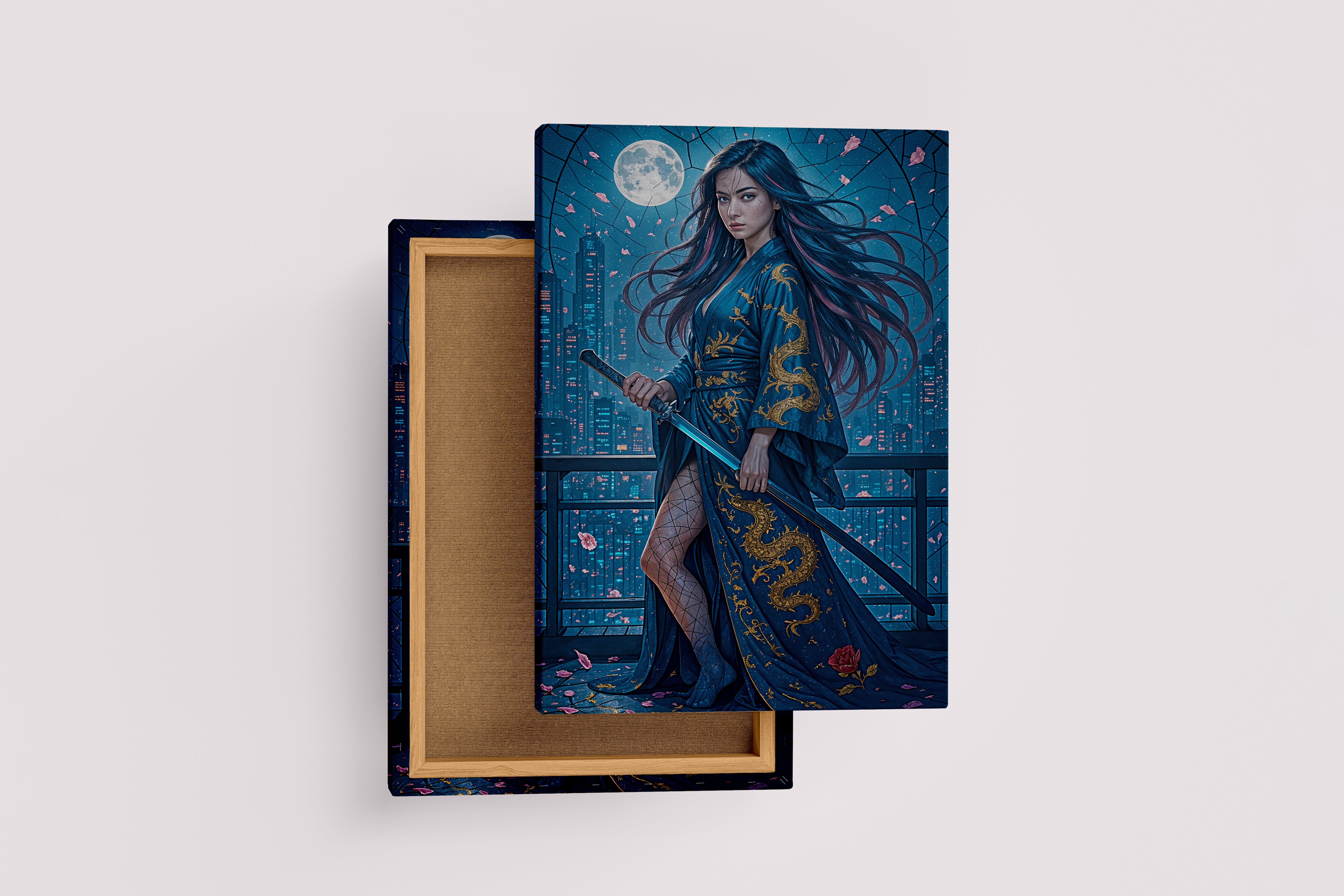 ai creation, asian female warrior in the moonlight, ai art, art, kanvas tablo