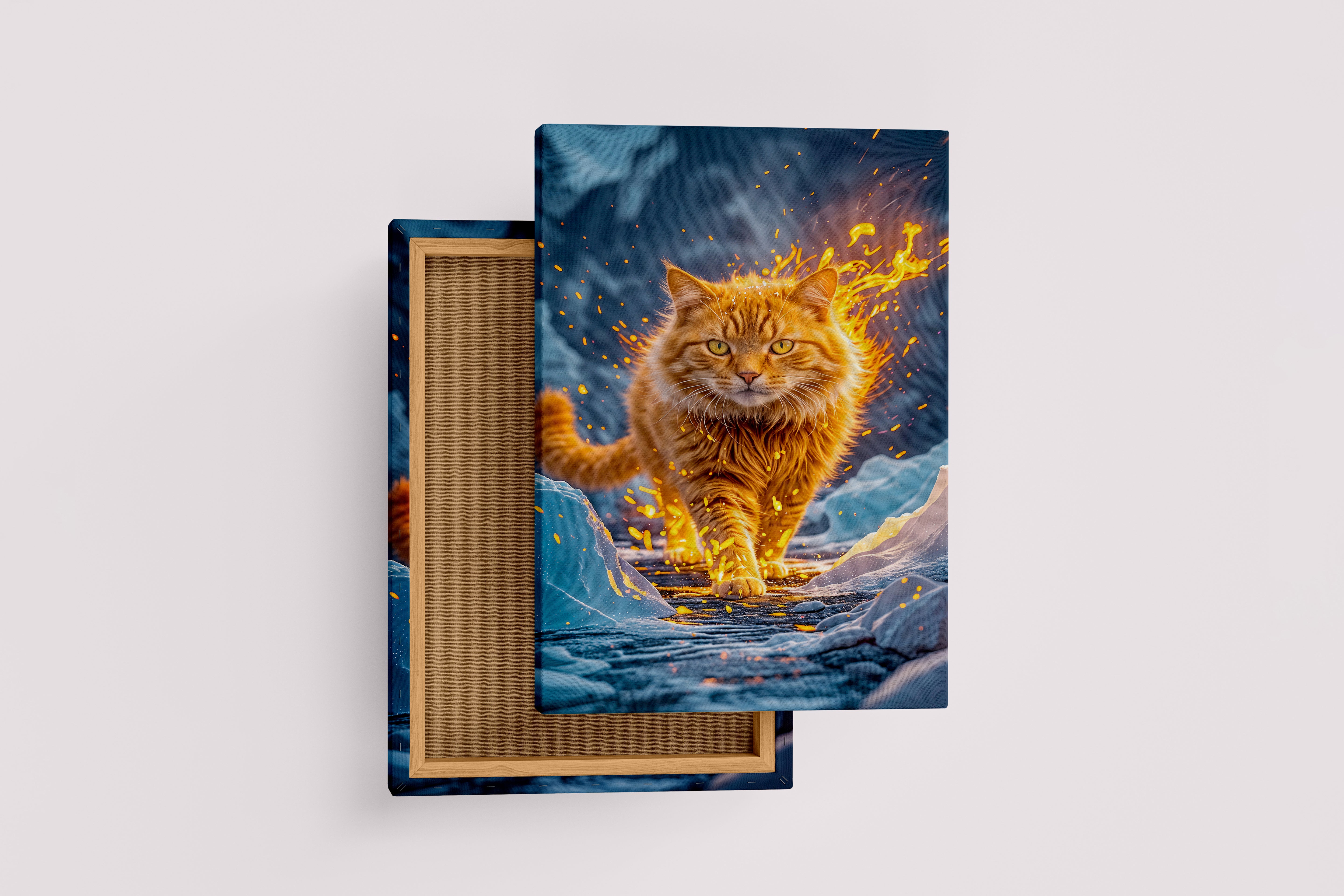 ai creation, orange cat wrapped in fire, pet, ai art, art, kanvas tablo