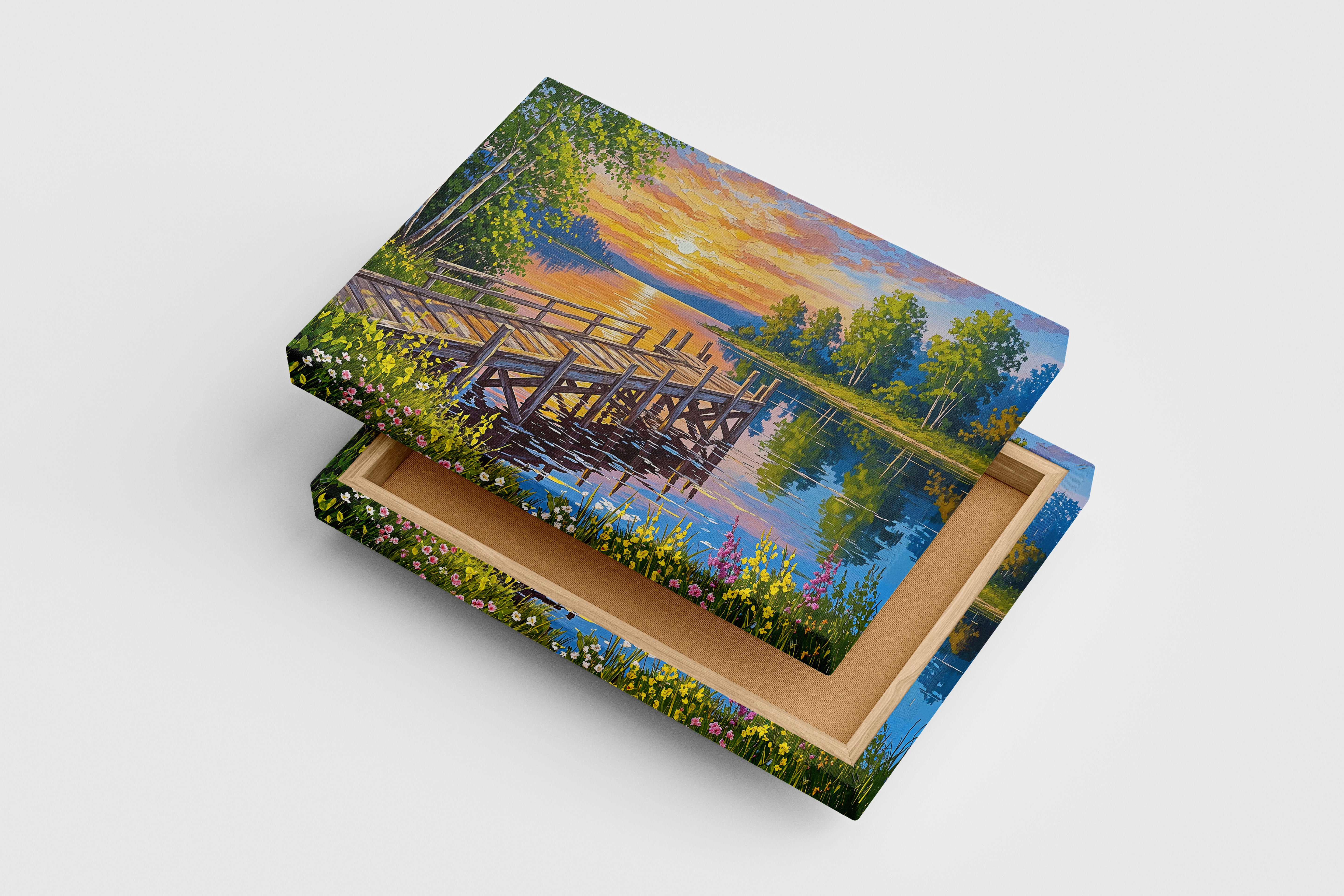 pier and nature view by the river with colorful flowers model 4, view, ai art, art, kanvas tablo