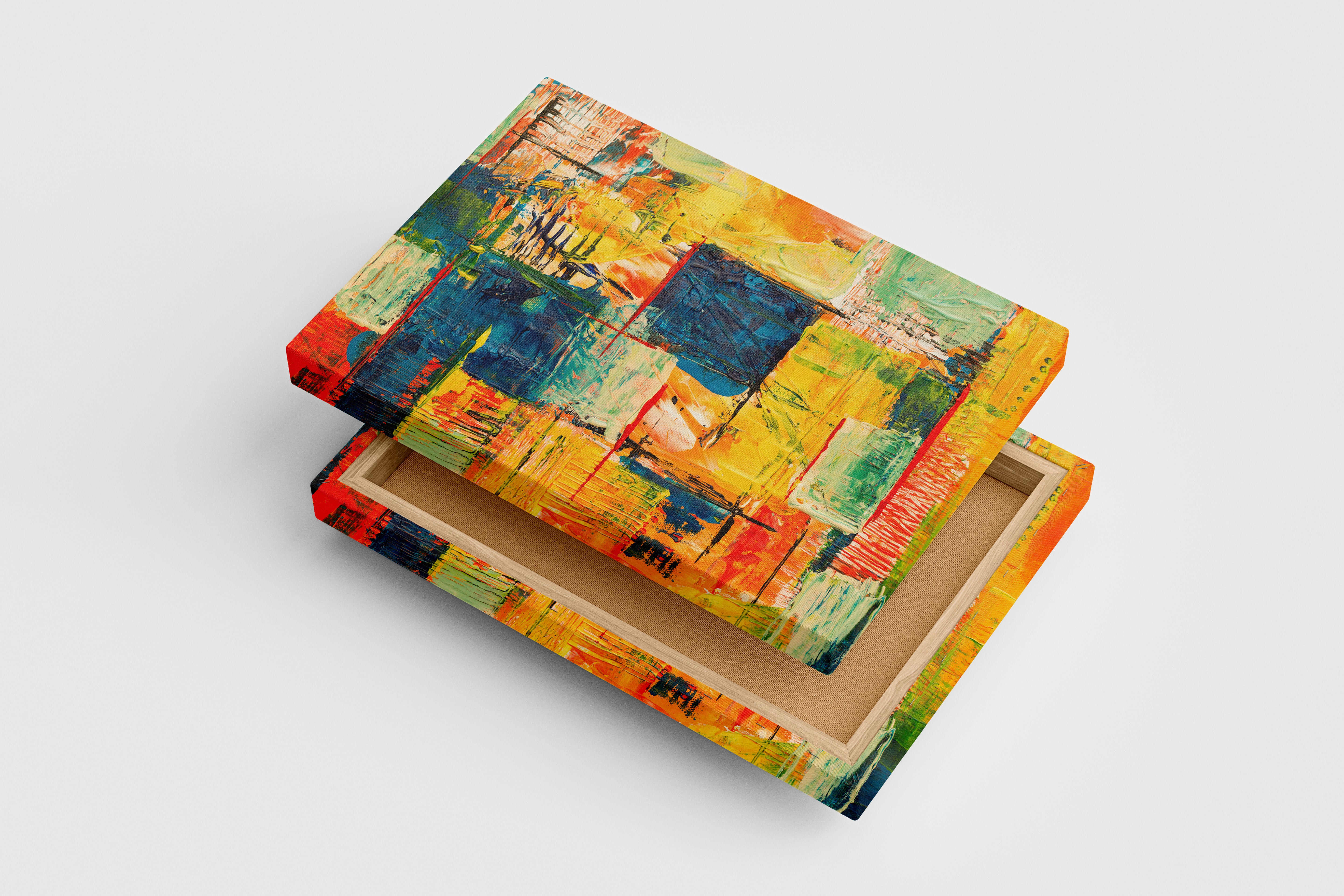 a heavily textured abstract painting with a colorful grid of warm and cool tones, abstract, art, kanvas tablo