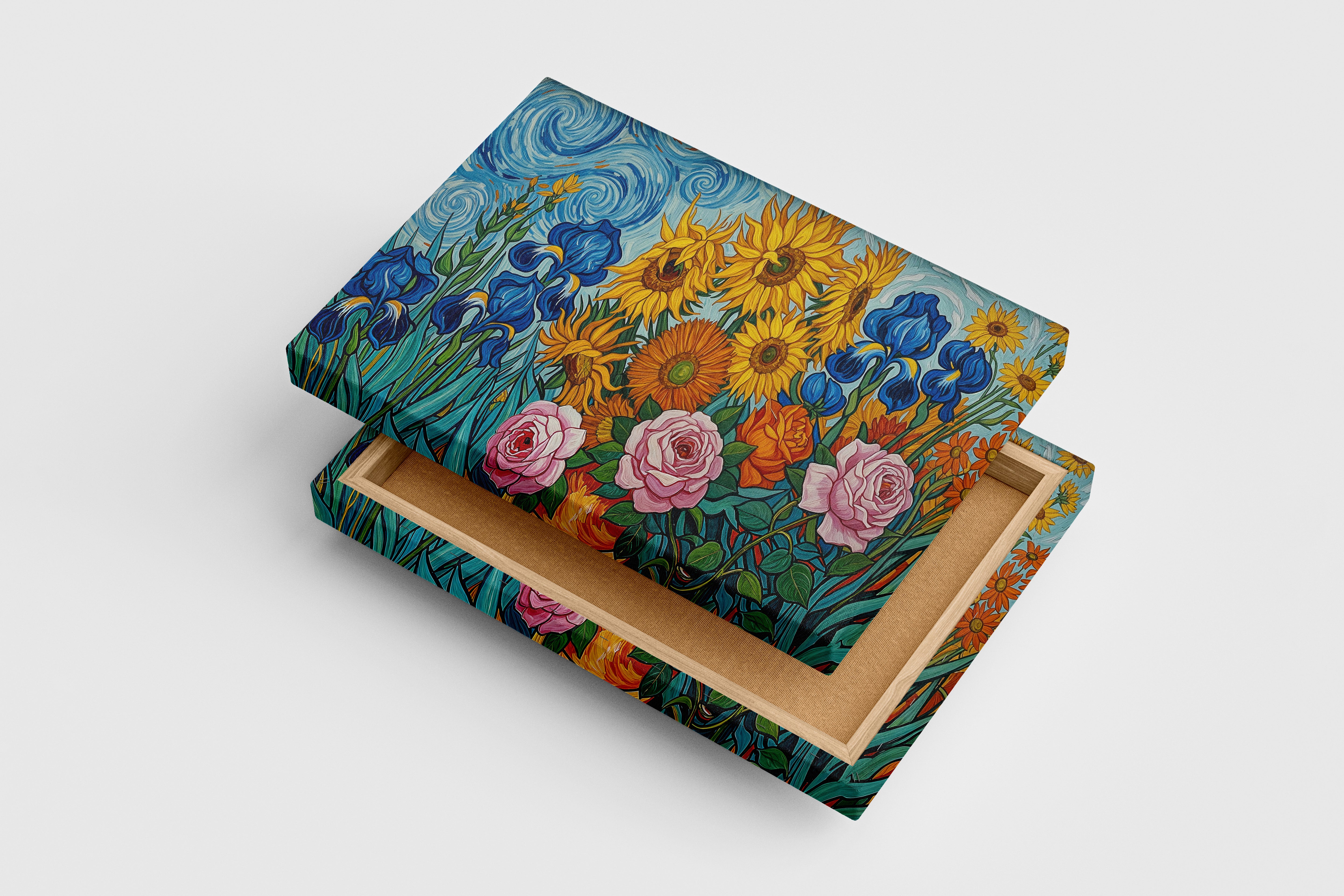 flower motif, sunflower/roses/irises in van gogh style, art, kanvas tablo