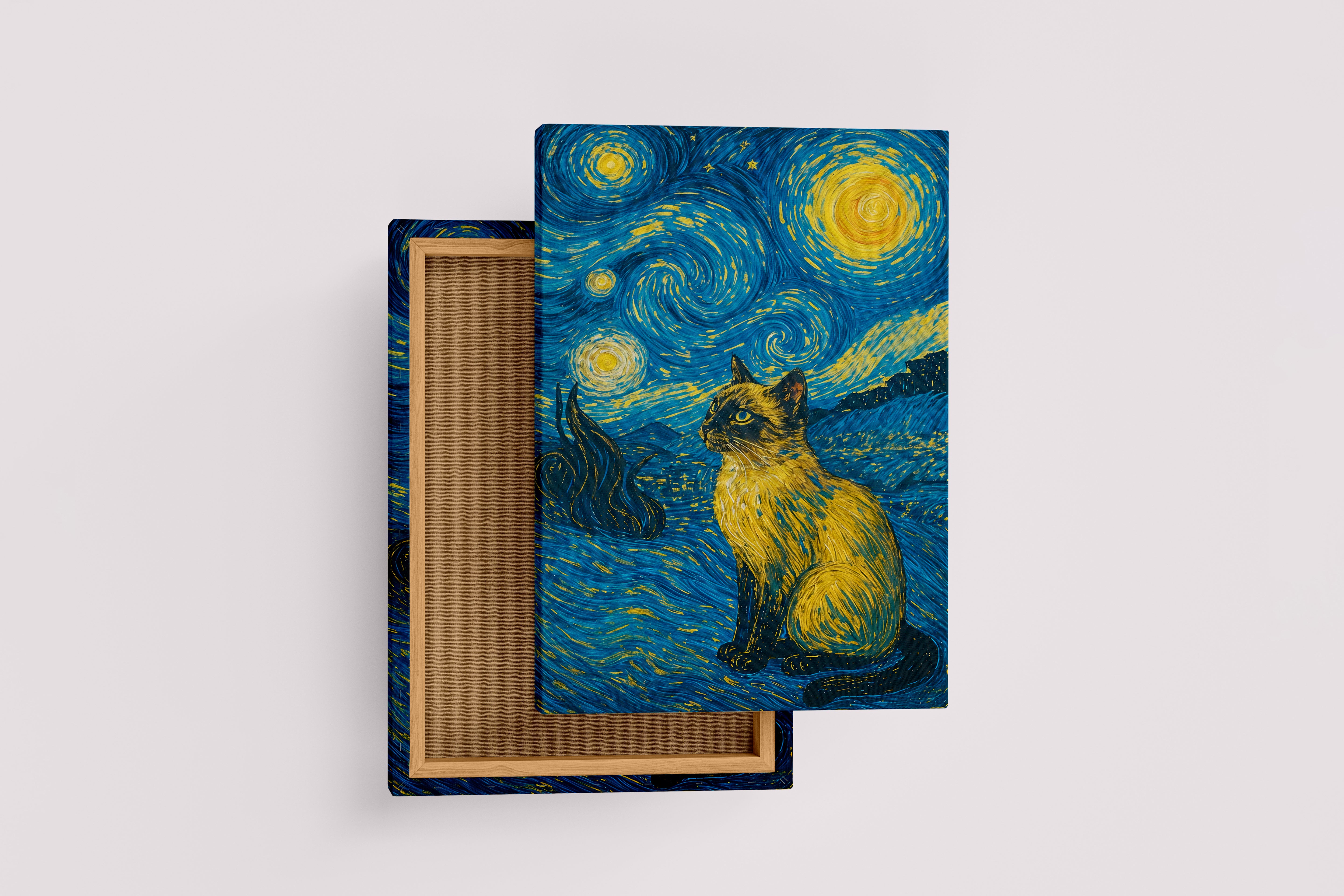 ai creation, van gogh starry night themed cat, ai art, art, kanvas tablo