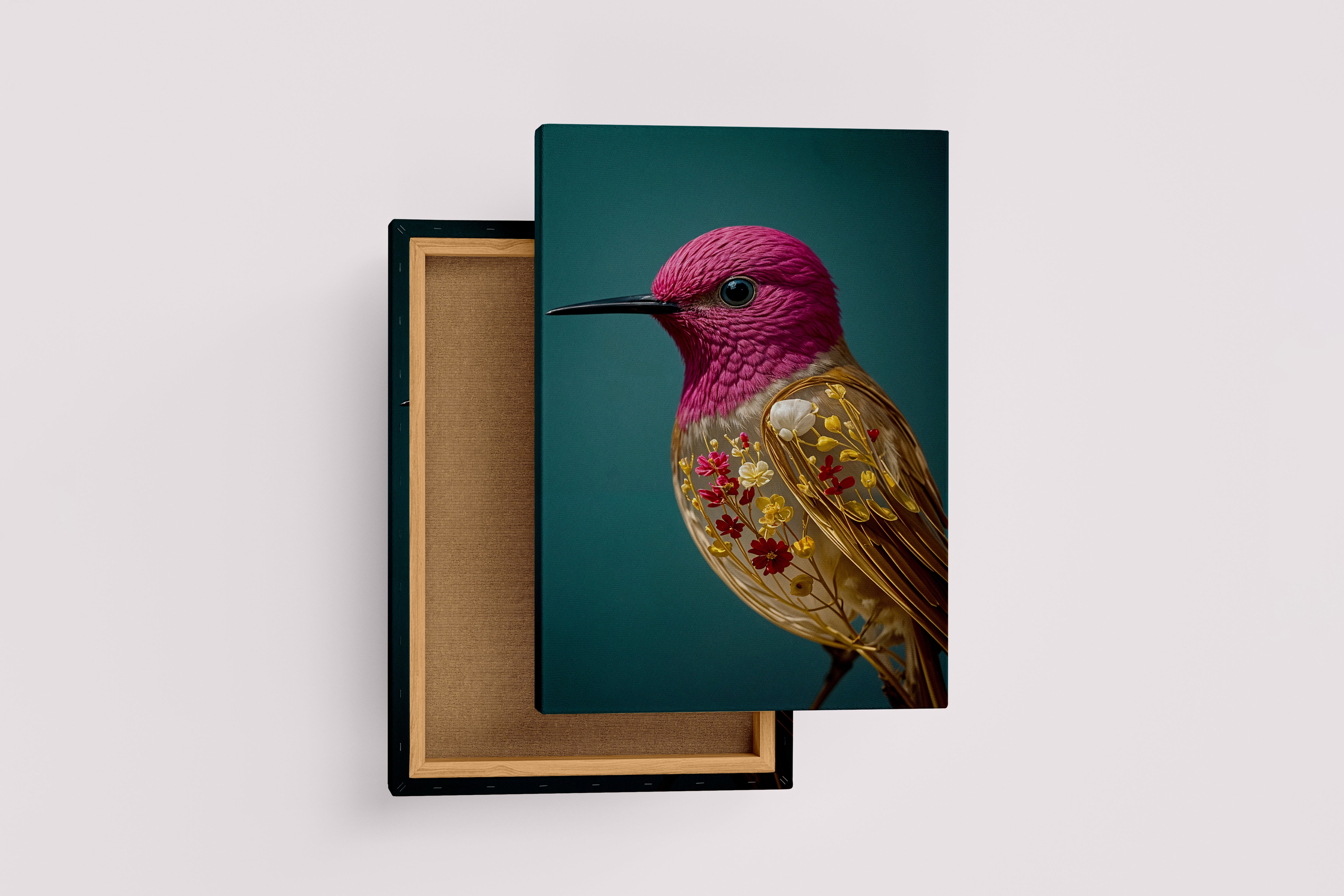 ai creation, hummingbird with flower designs, ai art, art, kanvas tablo