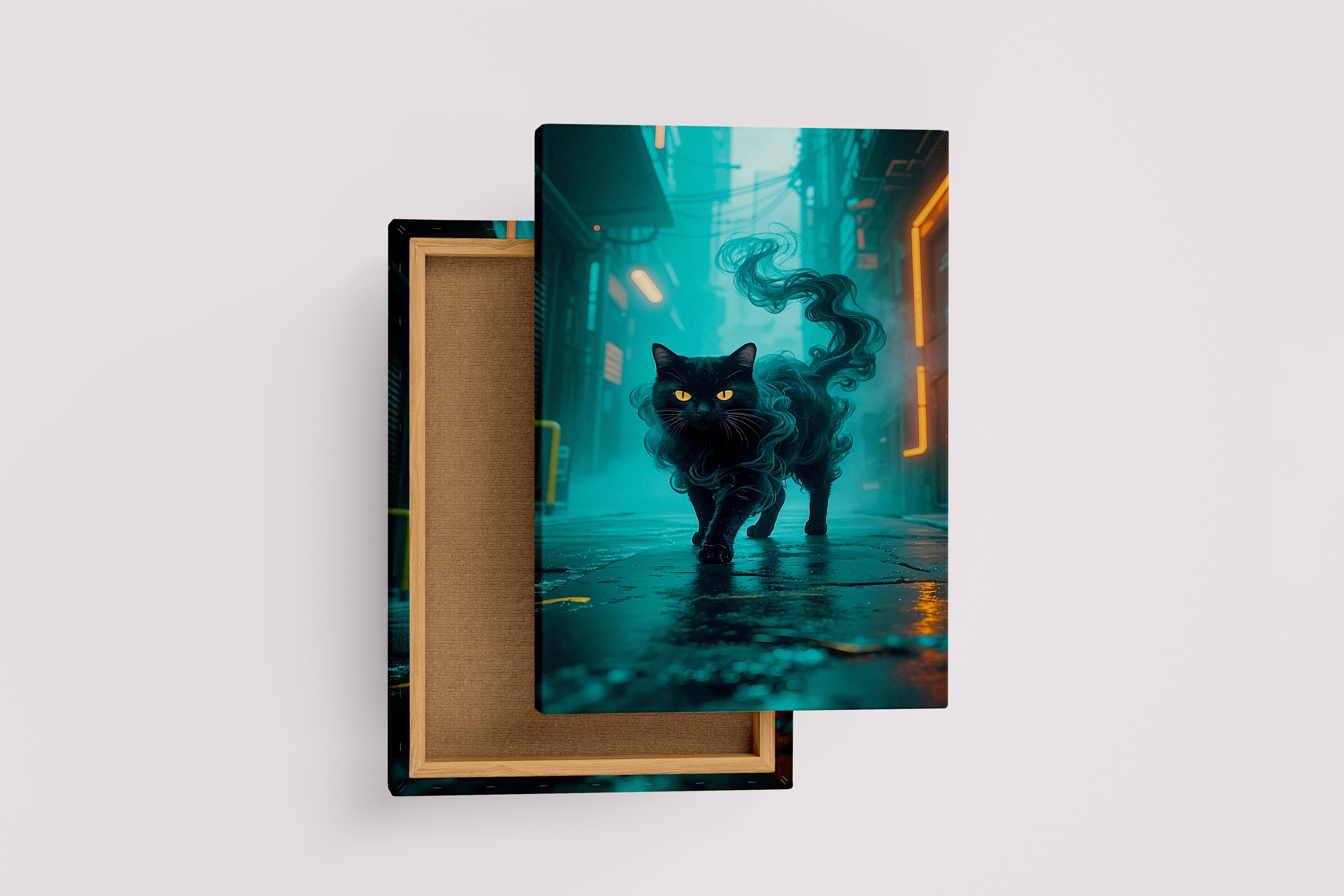 ai creation, cat in neon green fog, pet, ai art, art, kanvas tablo