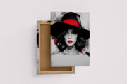 a black and white painting of a woman with selective red lips and hatband, art, kanvas tablo