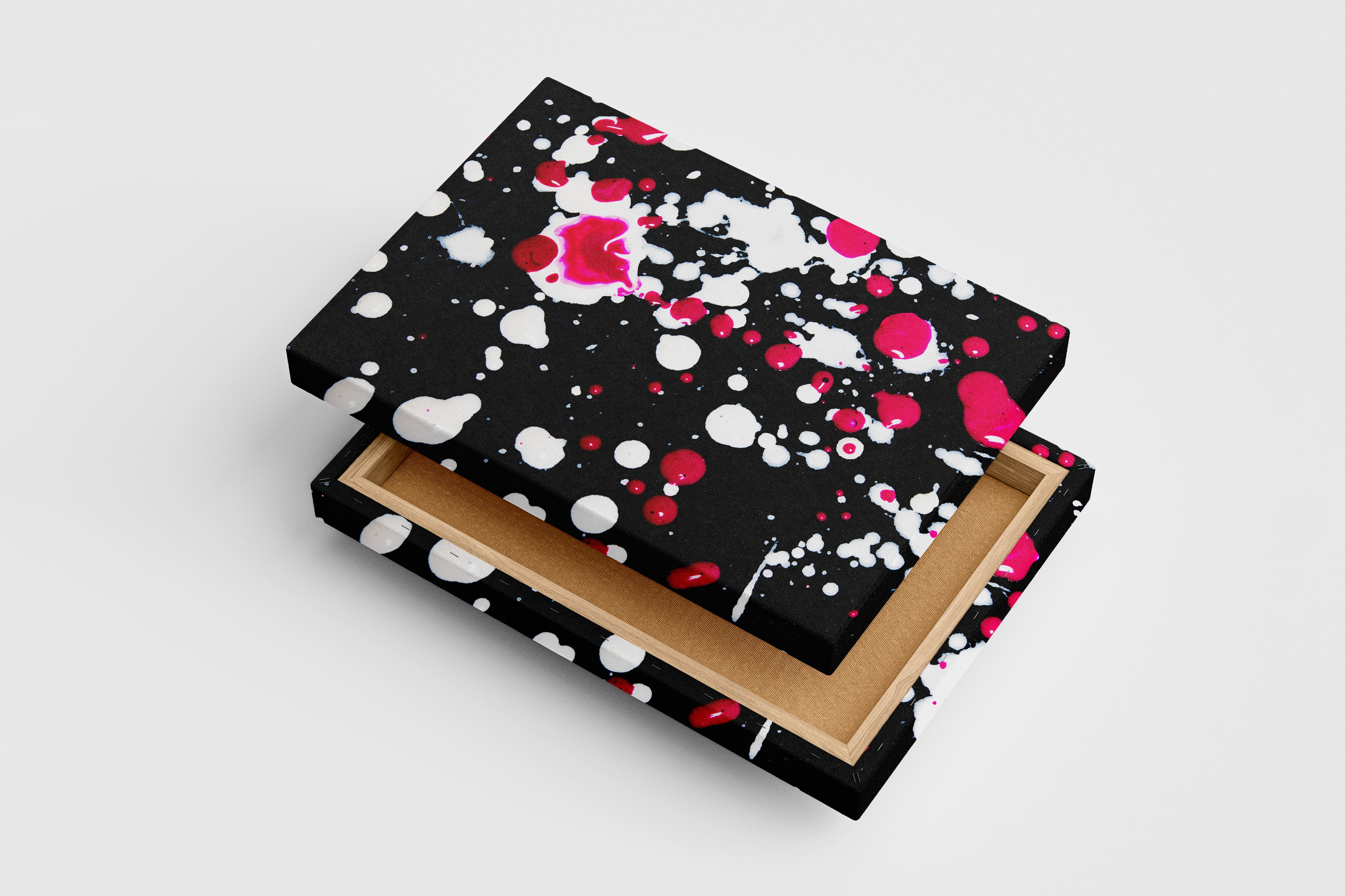 expressive action painting with vibrant pink and white splatters on a black canvas, abstract, art, kanvas tablo