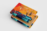 a close-up of a vibrant abstract painting with thick orange and blue brushstrokes, abstract, art, kanvas tablo