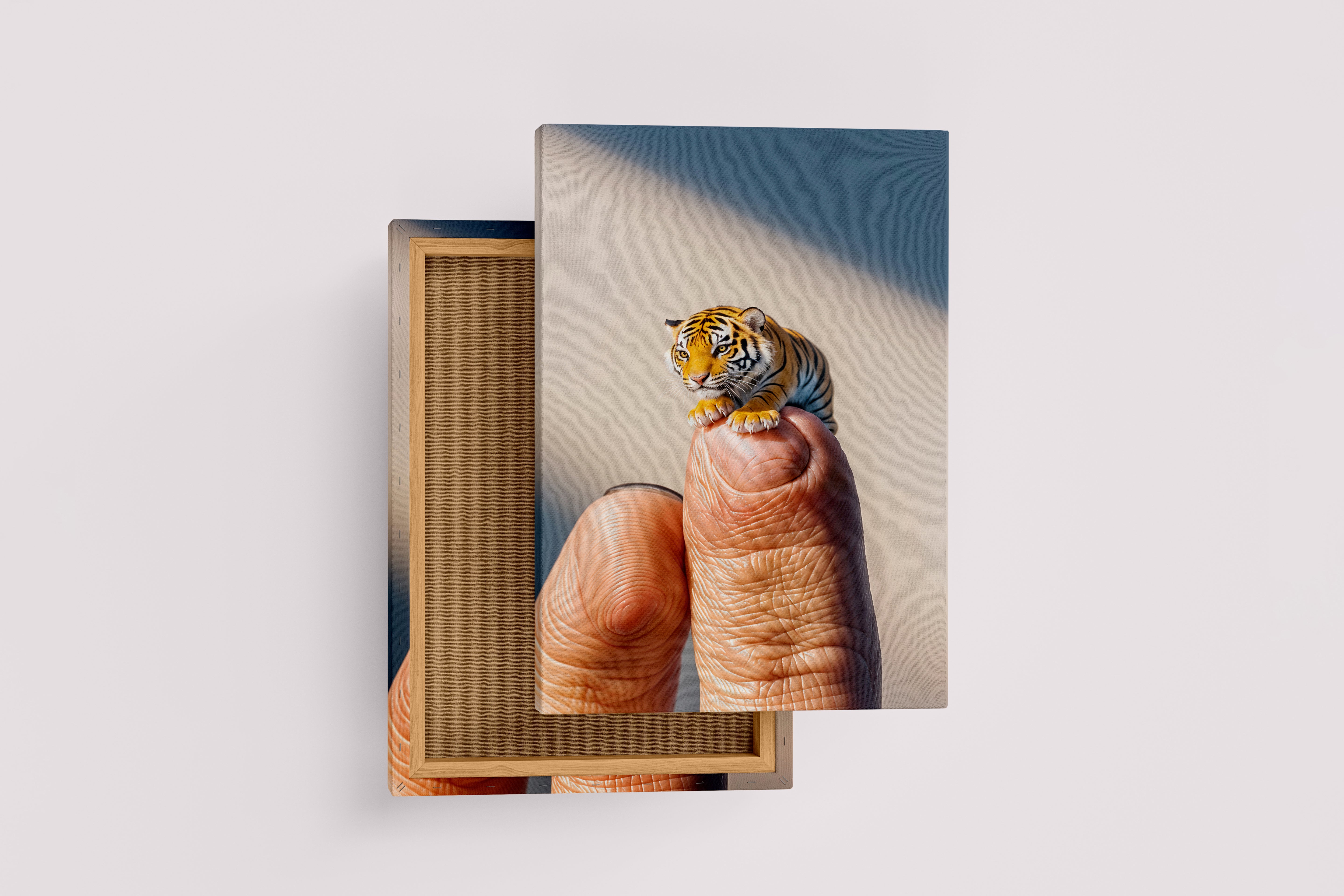 ai creation, baby doll model 6, kid, cute tiger on finger, ai art, art, kanvas tablo