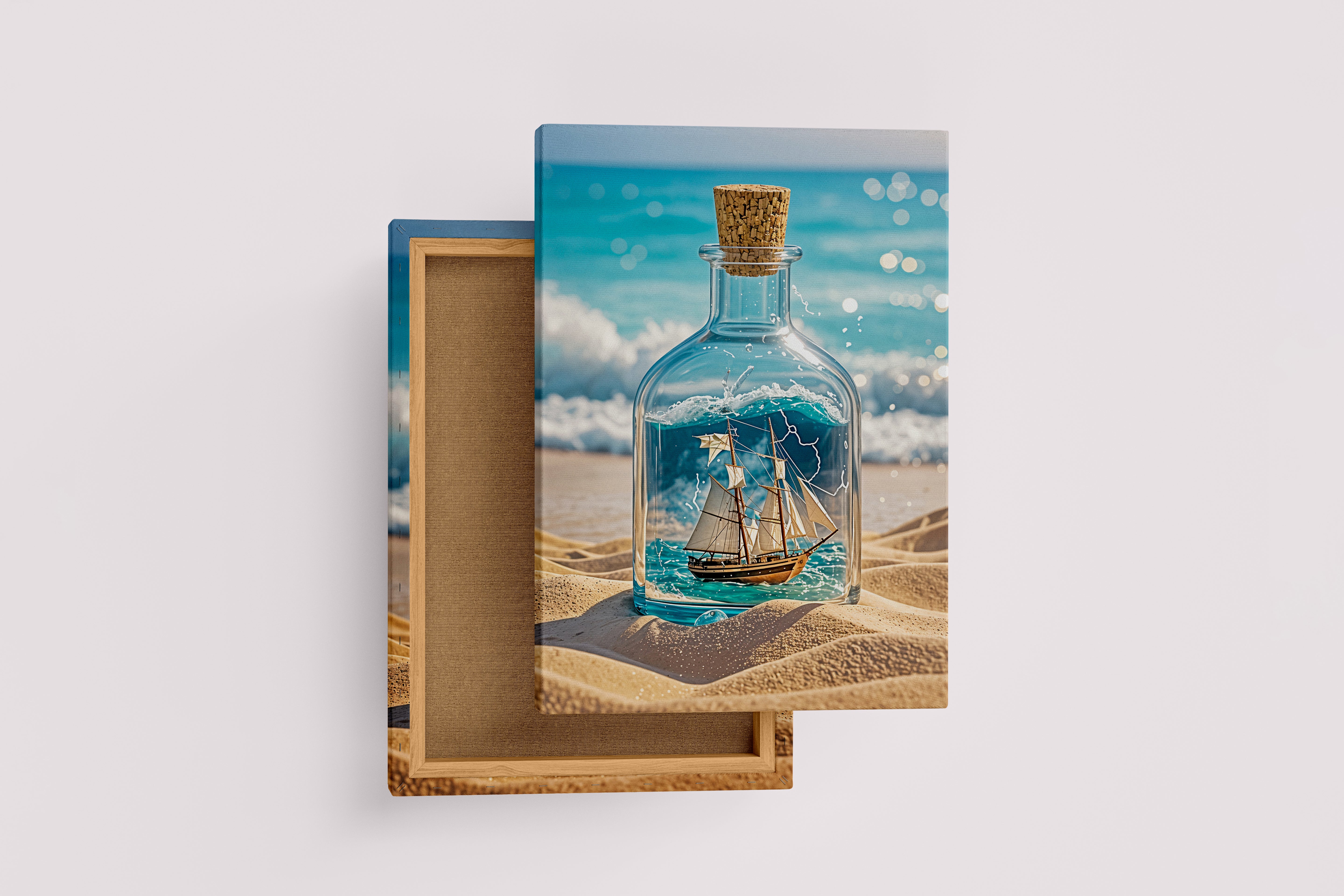 ai creation, a bottle washed up on the beach, a ship floating in the water inside the bottle, ai art, art, kanvas tablo