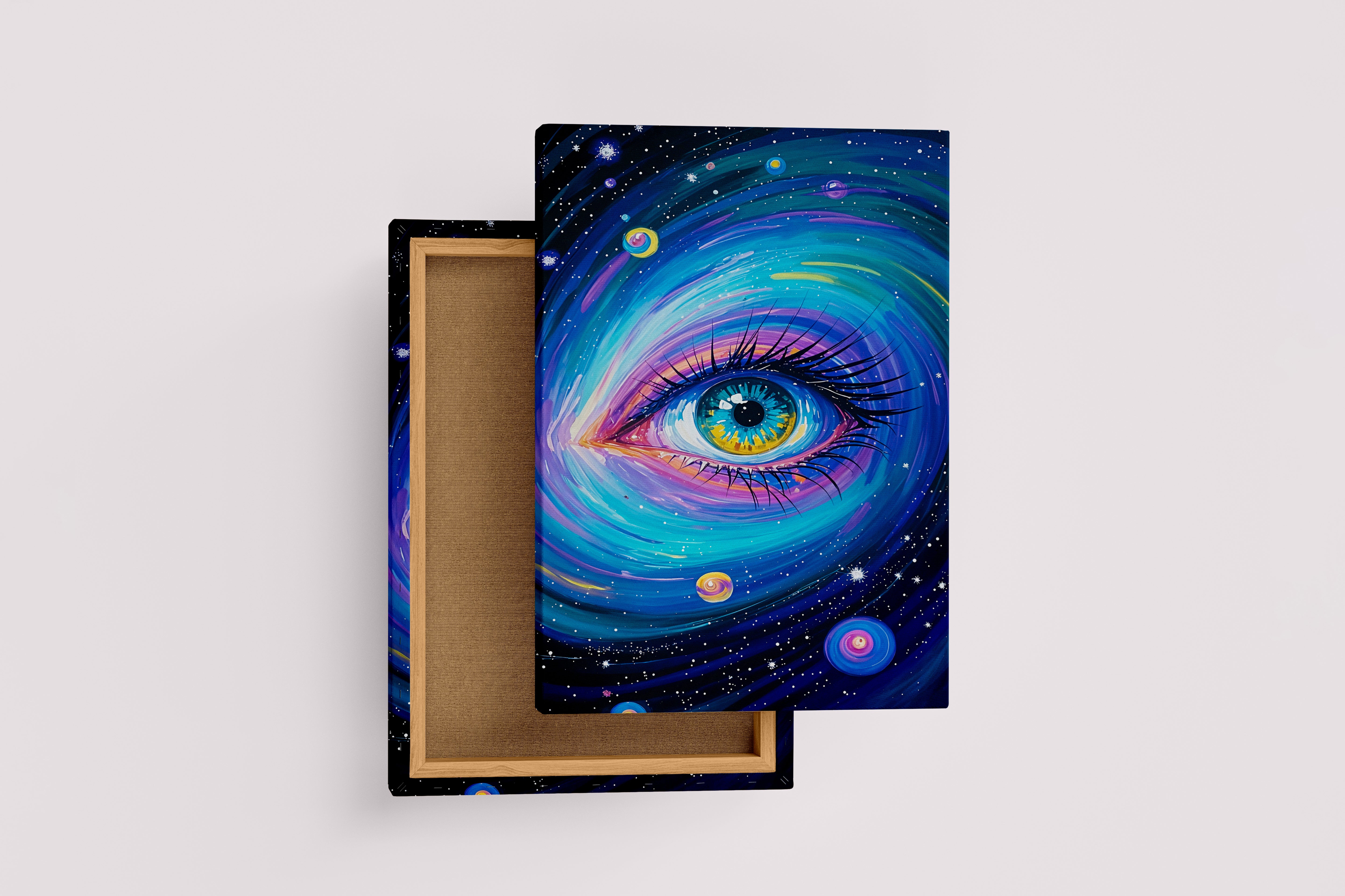 ai creation, a colorful eye in the middle of the planets, ai art, art, kanvas tablo