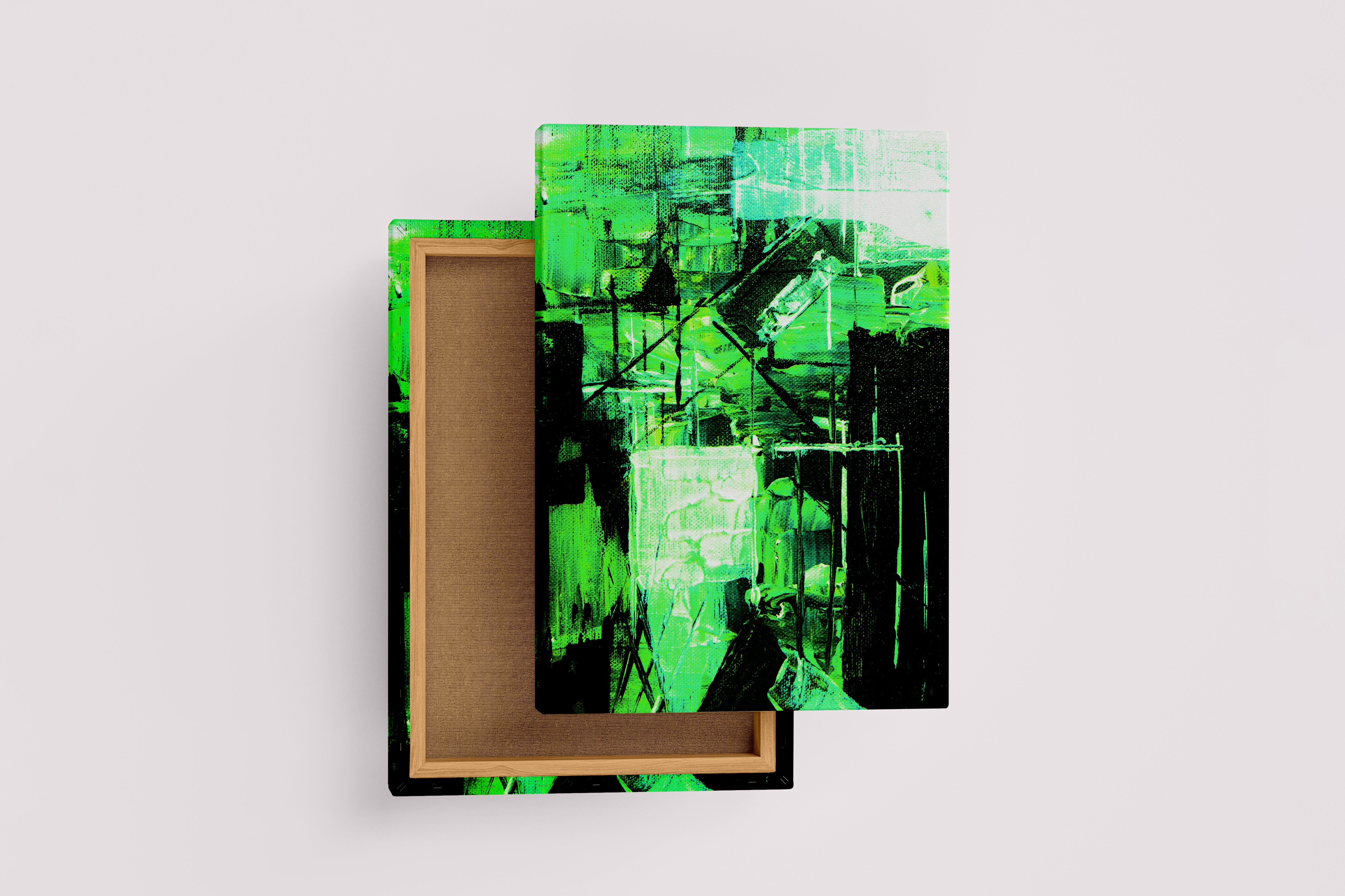 a high-contrast abstract painting with neon green and black creating a futuristic cityscape, abstract, art, kanvas tablo