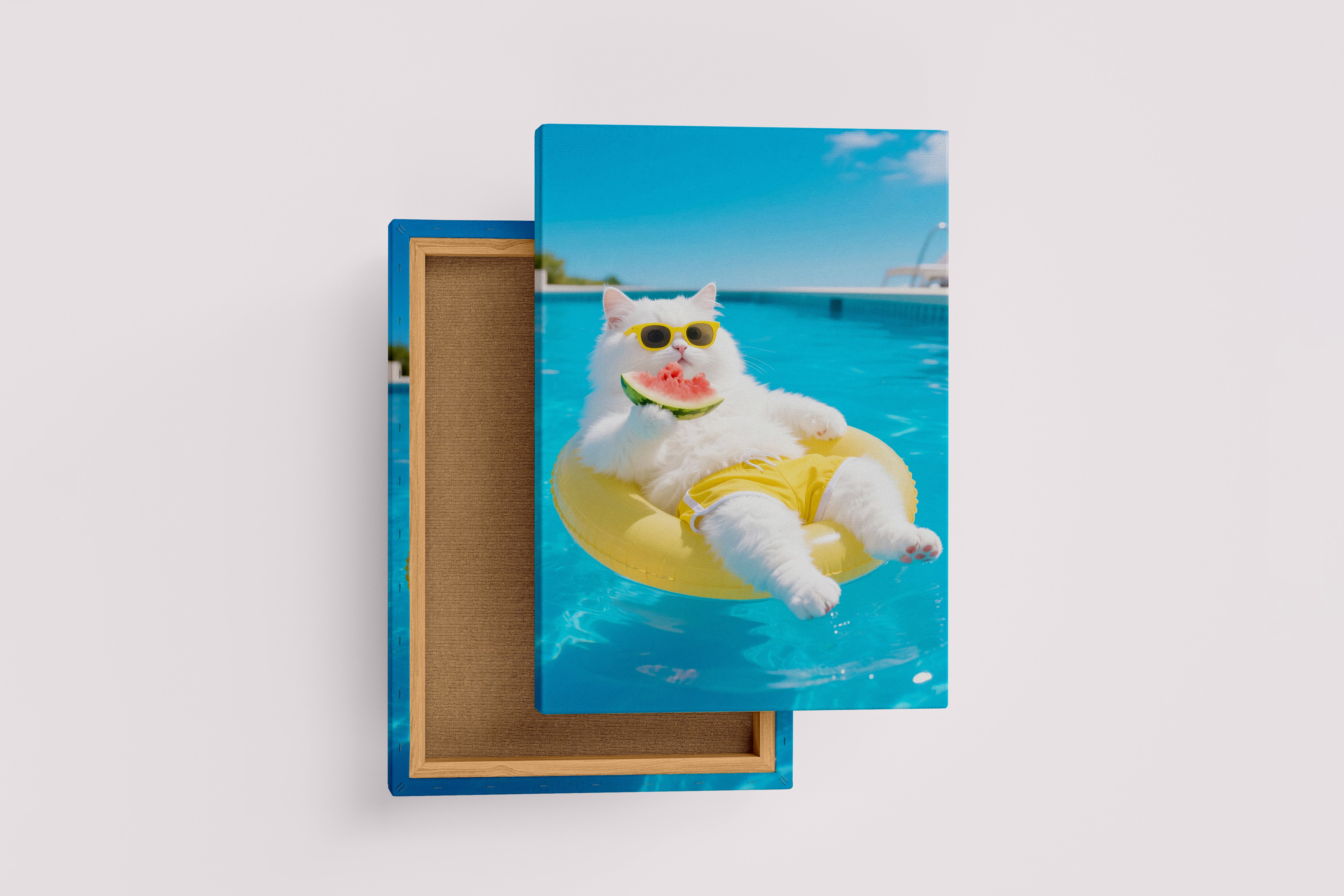 ai creation, cat swimming while eating watermelon, pet, ai art, art, kanvas tablo