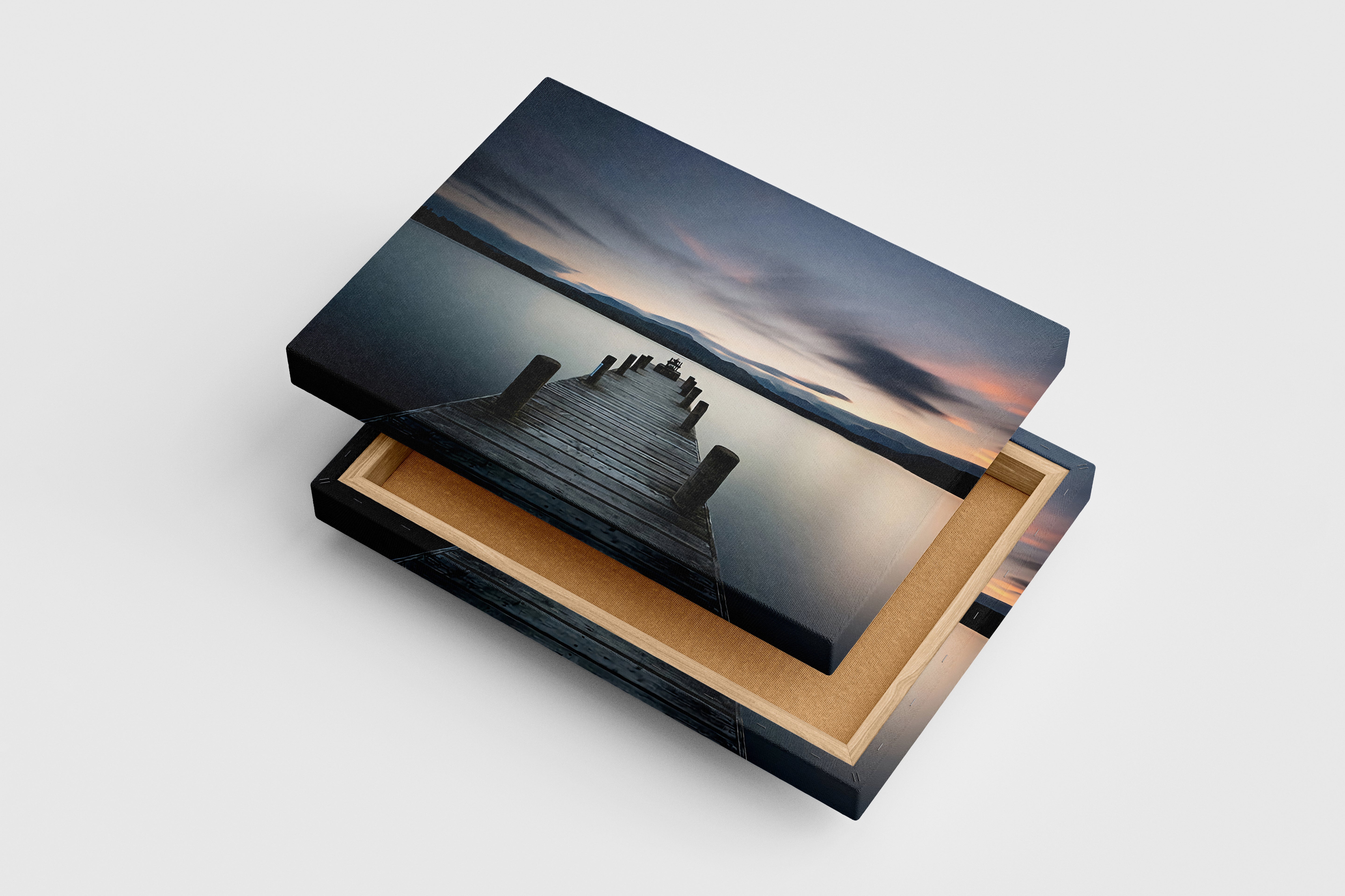 a serene wooden pier on a glassy lake with a moody, long exposure sky, view, art, kanvas tablo