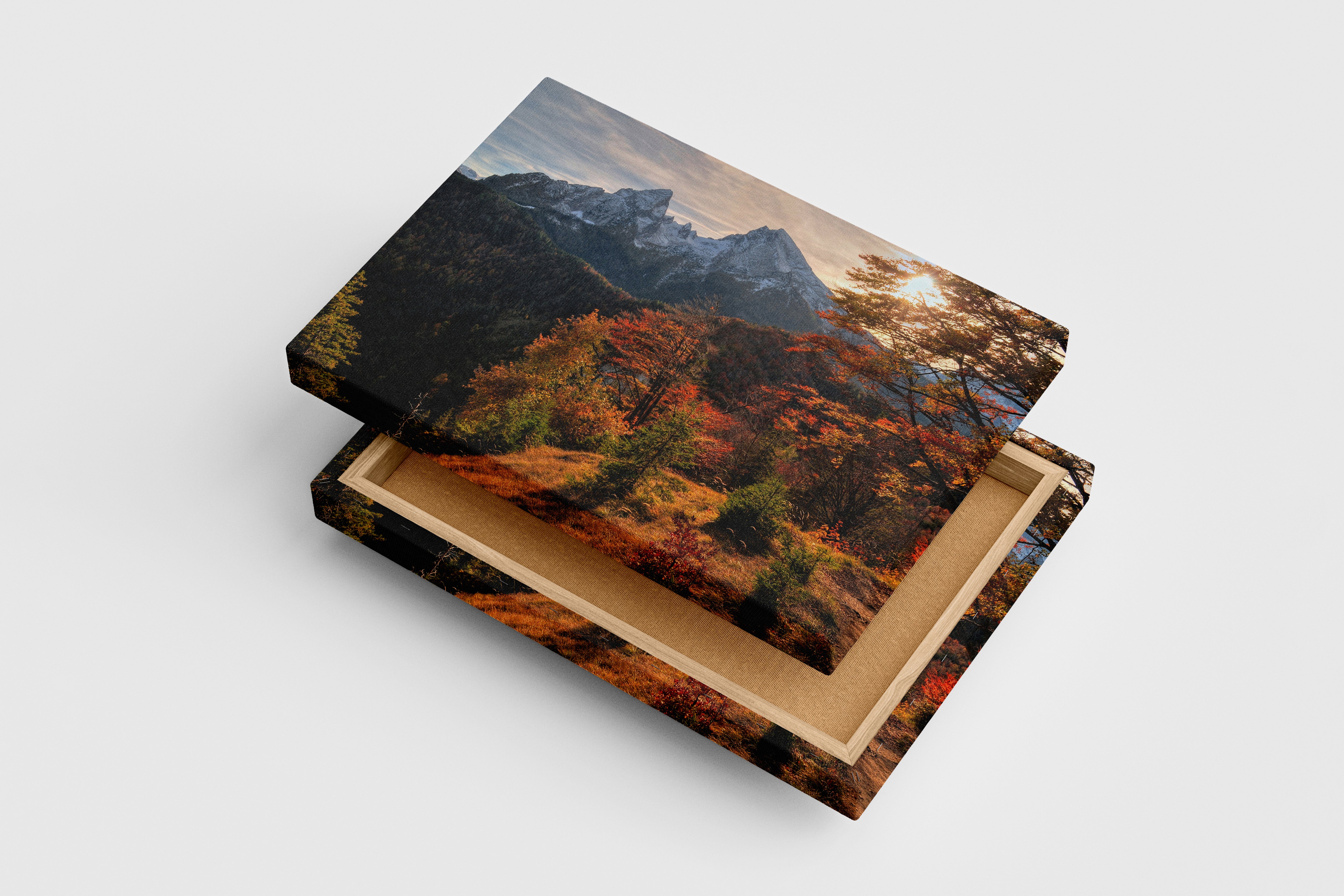 a majestic snow-capped mountain peak rising above a vibrant autumn forest, view, art, kanvas tablo