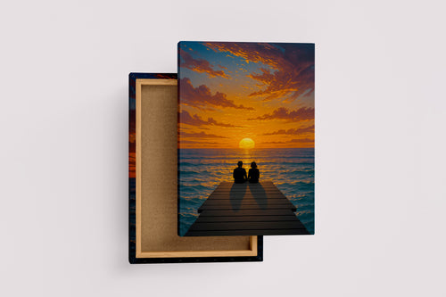 ai creation, lovers sitting on the pier watching the sunset, winter themed, art, kanvas tablo