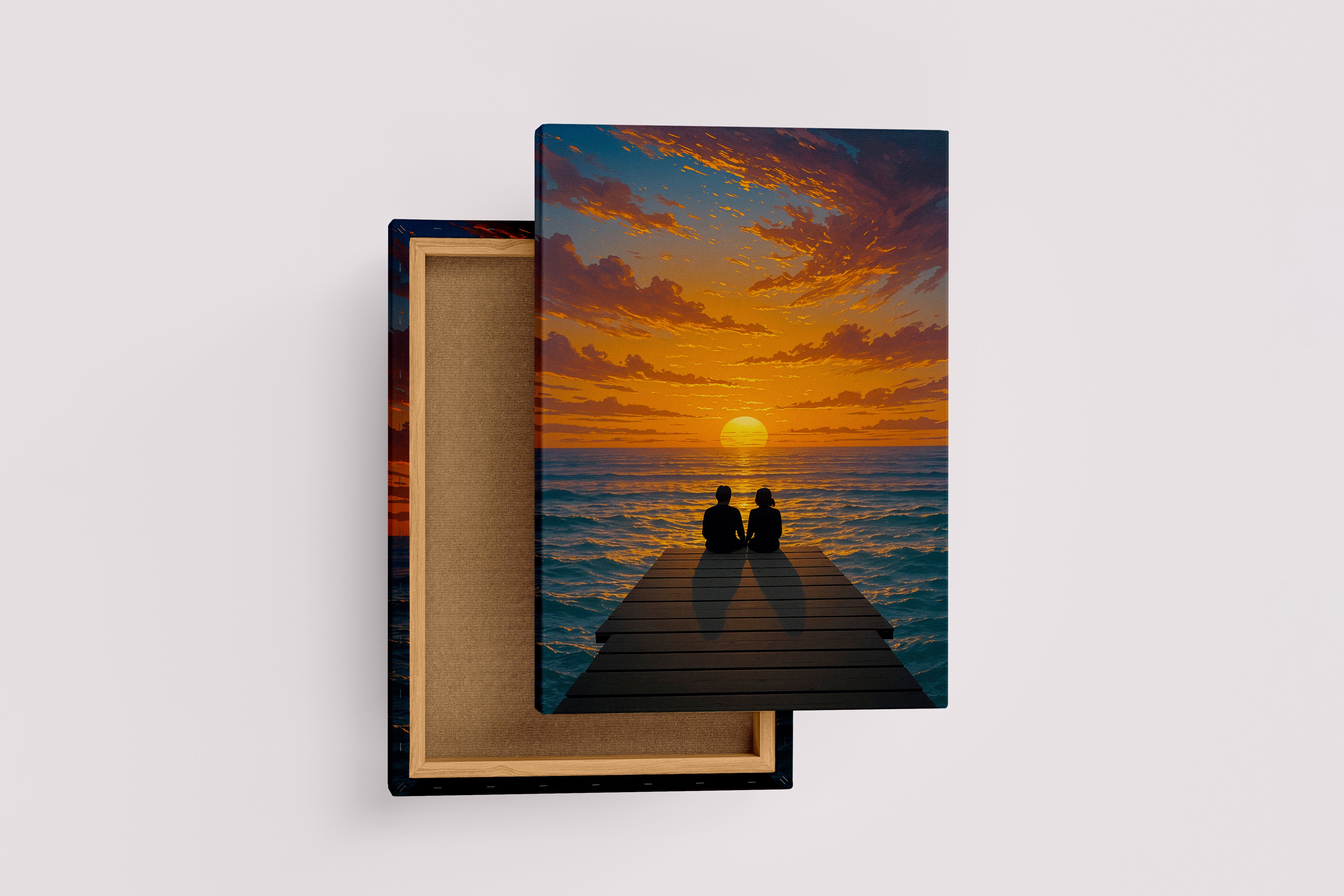 ai creation, lovers sitting on the pier watching the sunset, winter themed, art, kanvas tablo