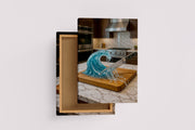 ai creation, a knife that cuts the water wave on the board on the kitchen counter, ai art, art, kanvas tablo