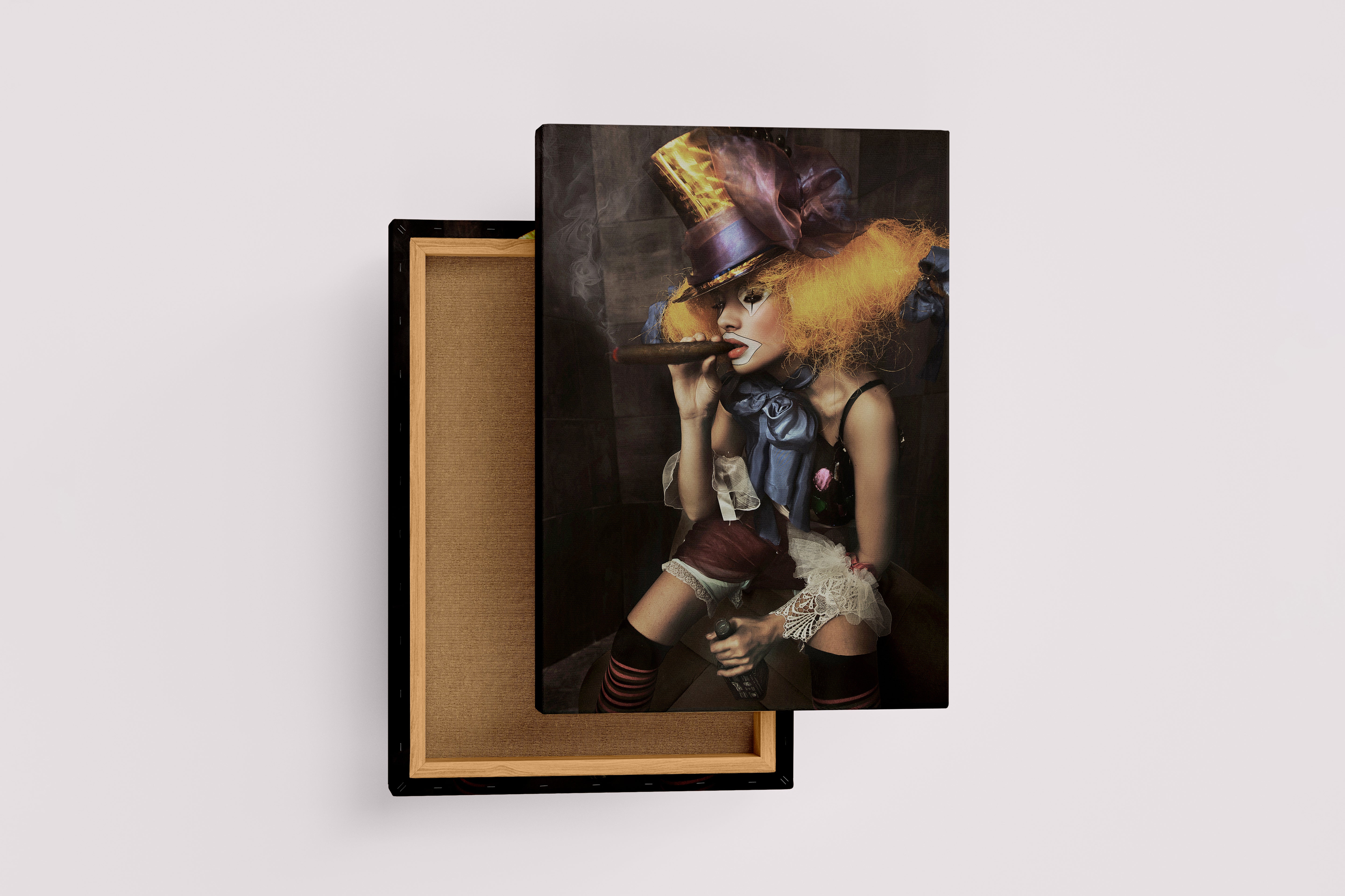a decadent female clown with wild orange hair smoking a large cigar, art, kanvas tablo