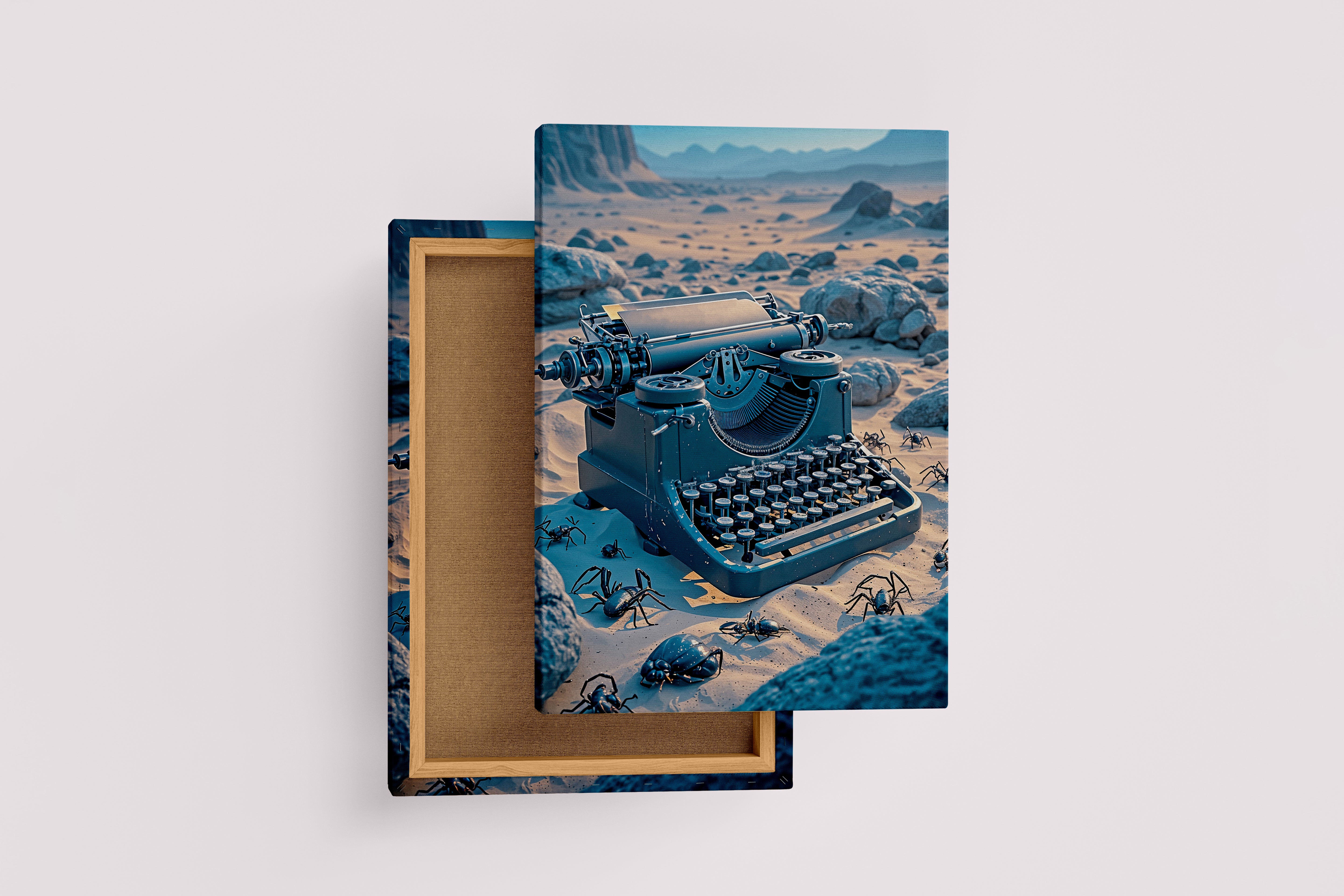 ai creation, a typewriter stuck in the desert among insects, ai art, art, kanvas tablo