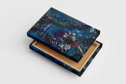 a heavily textured dark abstract painting with deep blue tones and red linear accents, abstract, art, kanvas tablo