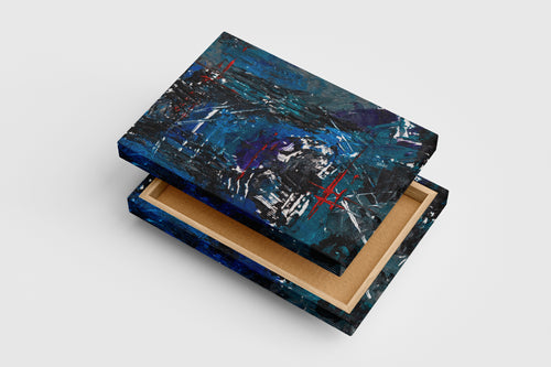 a heavily textured dark abstract painting with deep blue tones and red linear accents, abstract, art, kanvas tablo