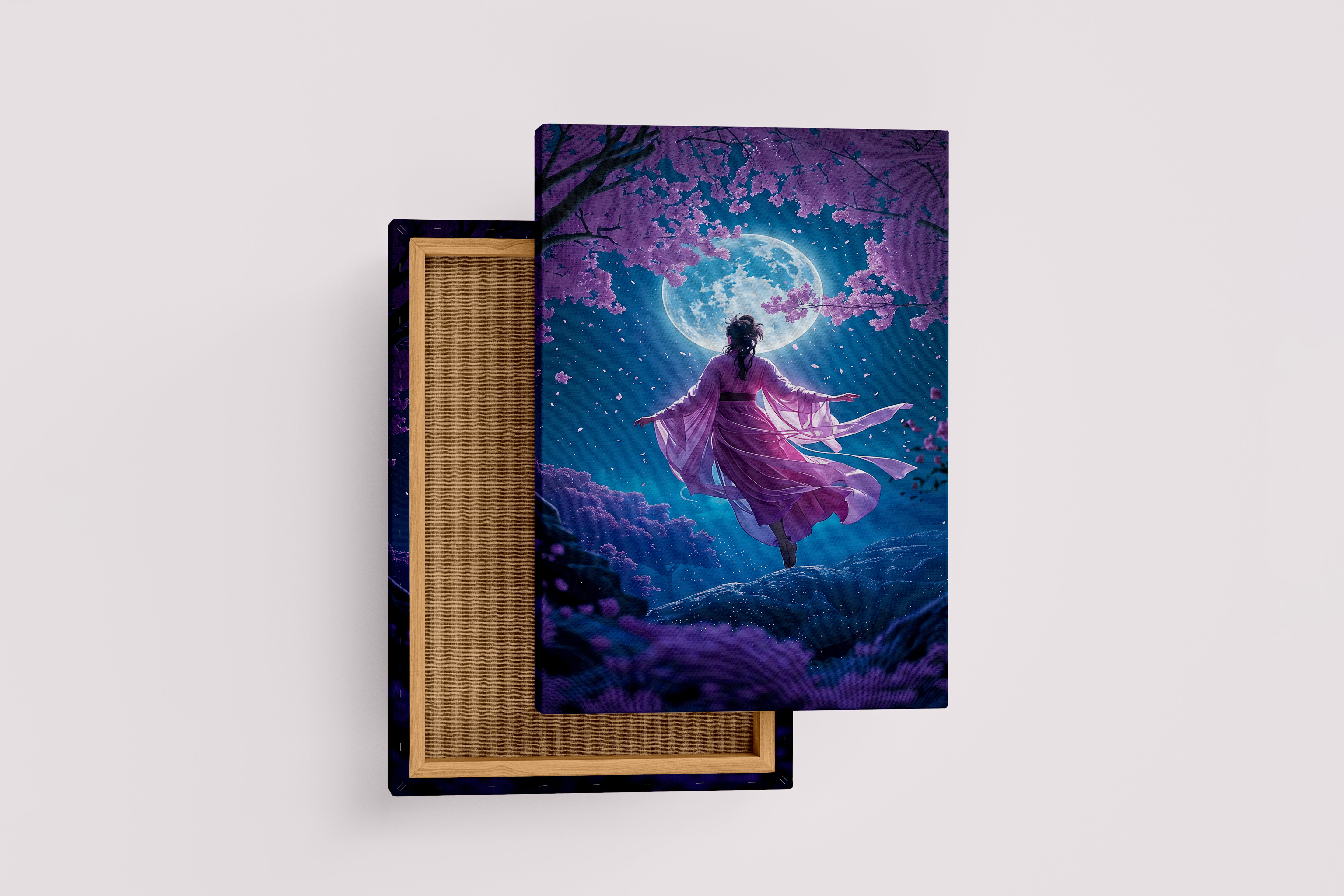 ai creation, a woman in a pink kimono under a full moon and cherry blossoms, ai art, art, kanvas tablo