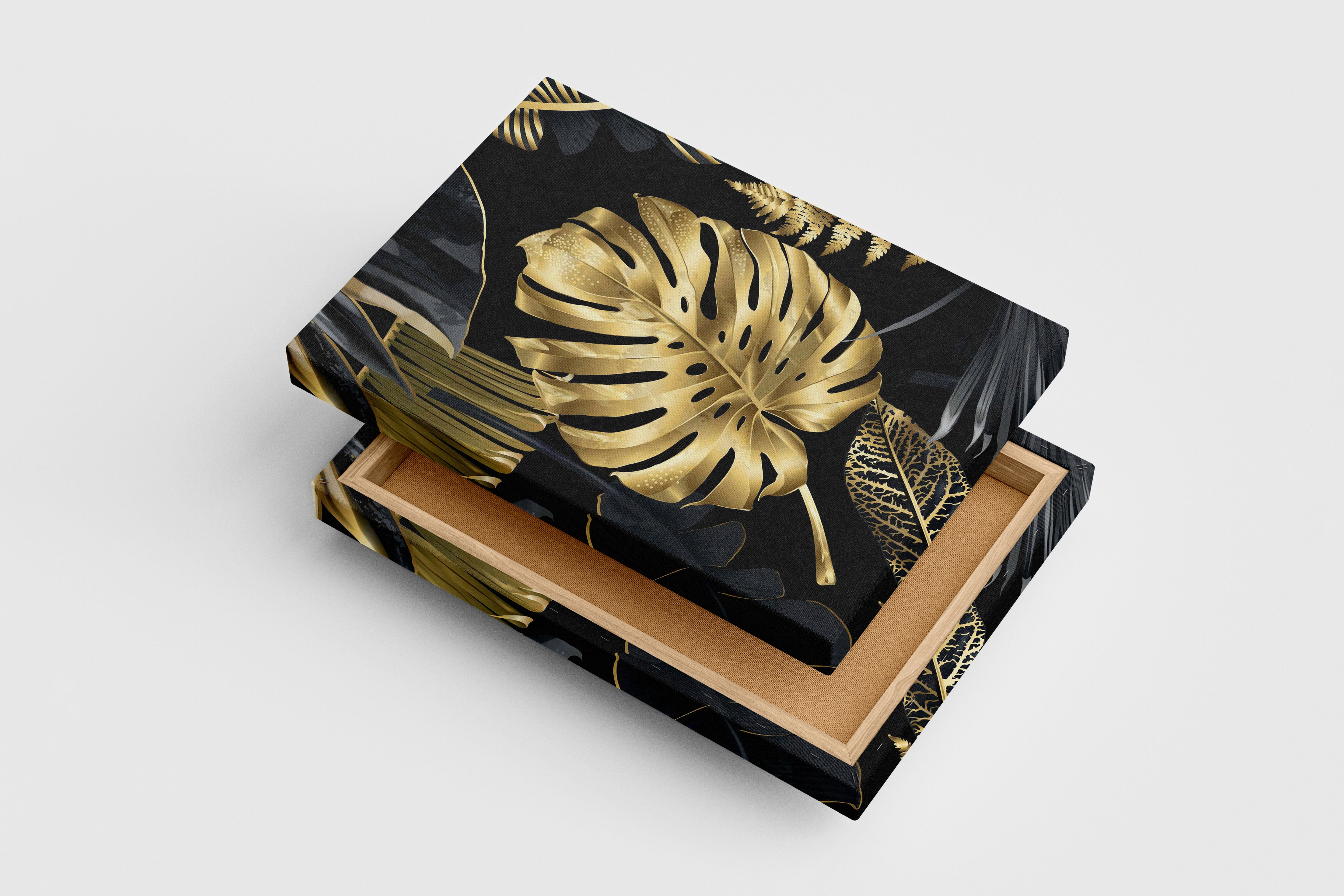 a luxurious pattern of metallic gold and black tropical leaves on a black background, flower motif, art, kanvas tablo