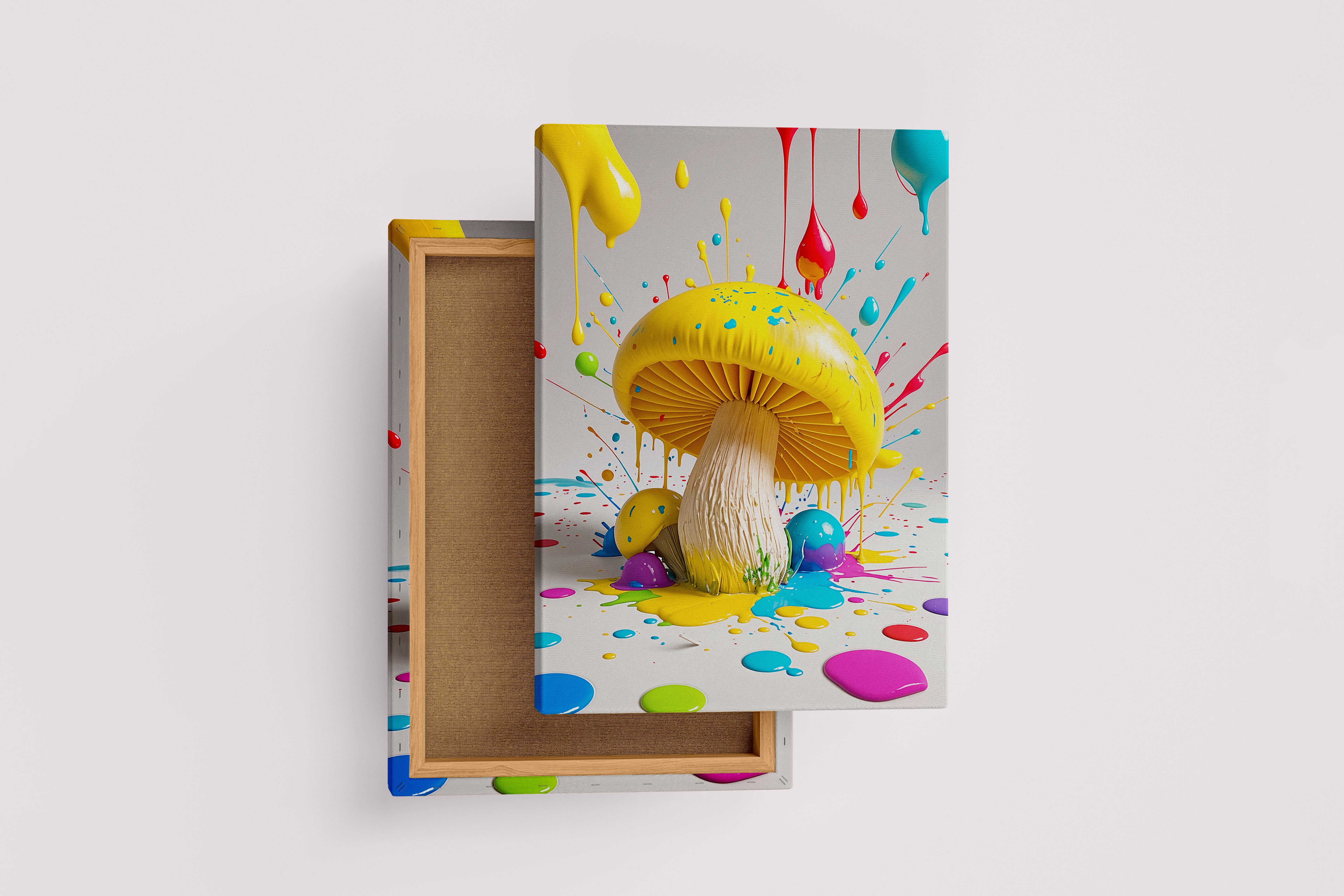 ai creation, giant yellow mushroom and large drops of paint falling from the air, ai art, art, kanvas tablo