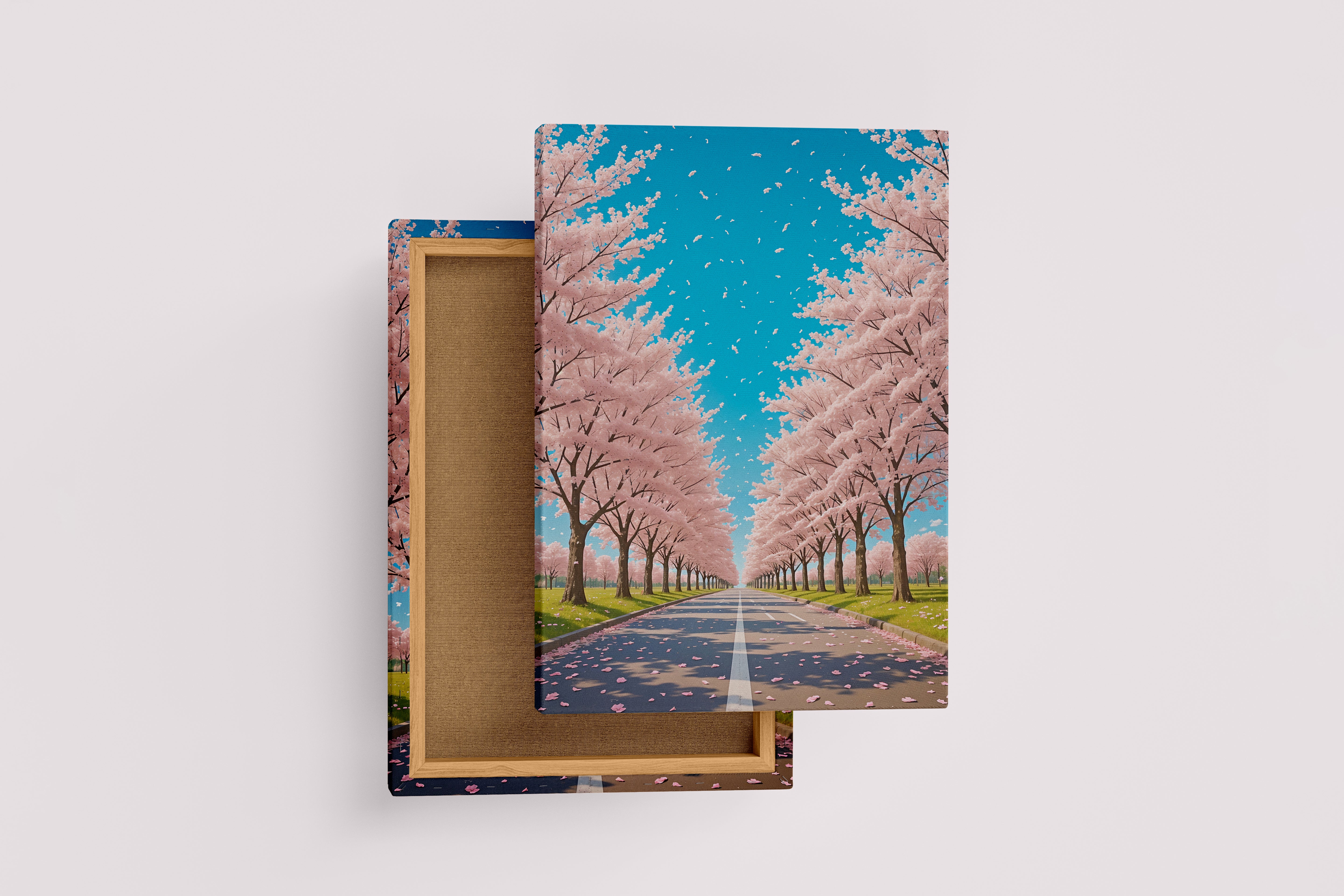 ai creation, a road decorated with soft pink trees, ai art, art, kanvas tablo