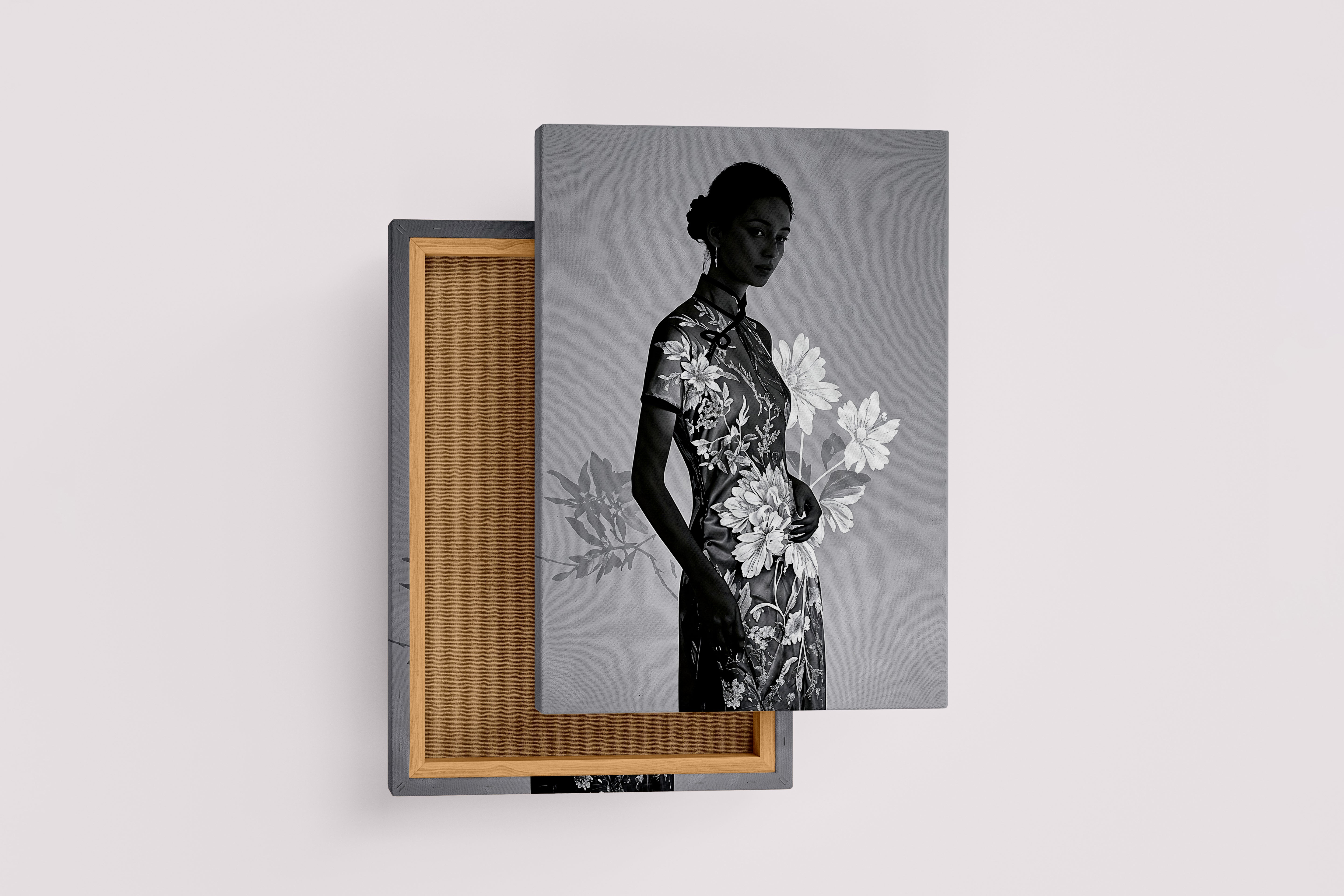 ai creation, asian flowers and asian women, grayscale, ai art, art, kanvas tablo