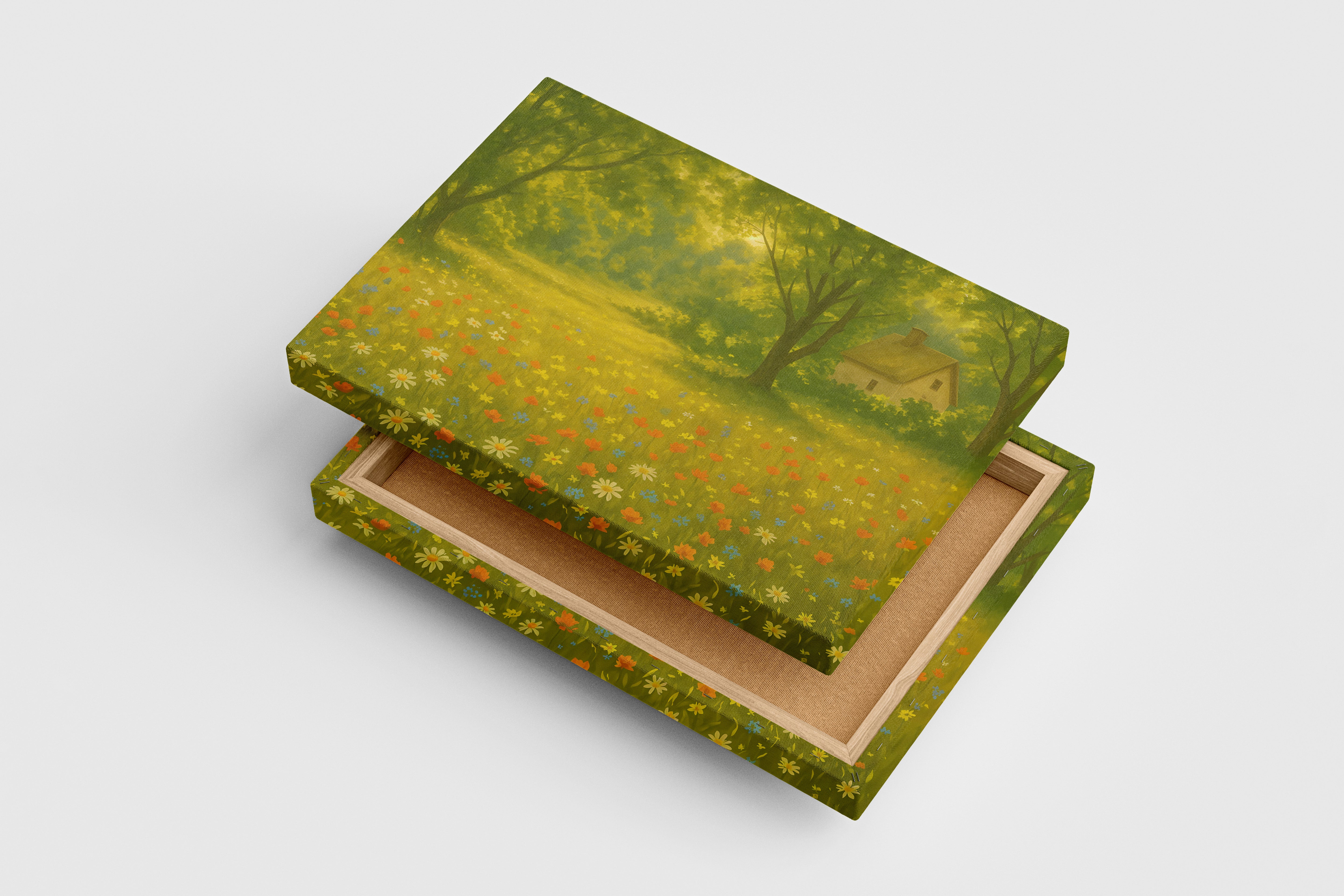 forest and small hut with flower view, view, art, kanvas tablo