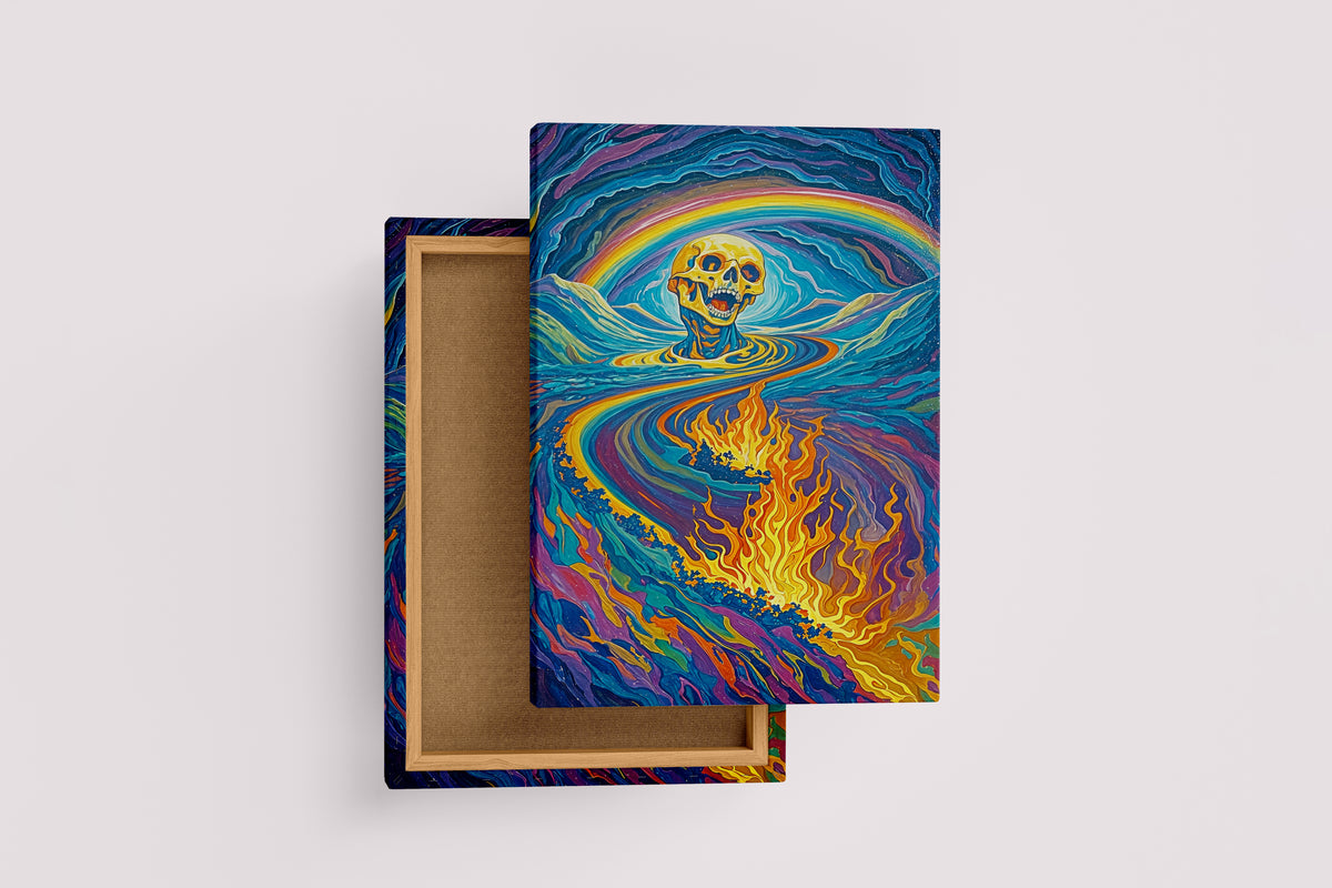 ai creation, skeleton engulfed in rainbow colored flames, ai art, art, kanvas tablo