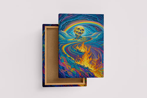 ai creation, skeleton engulfed in rainbow colored flames, ai art, art, kanvas tablo