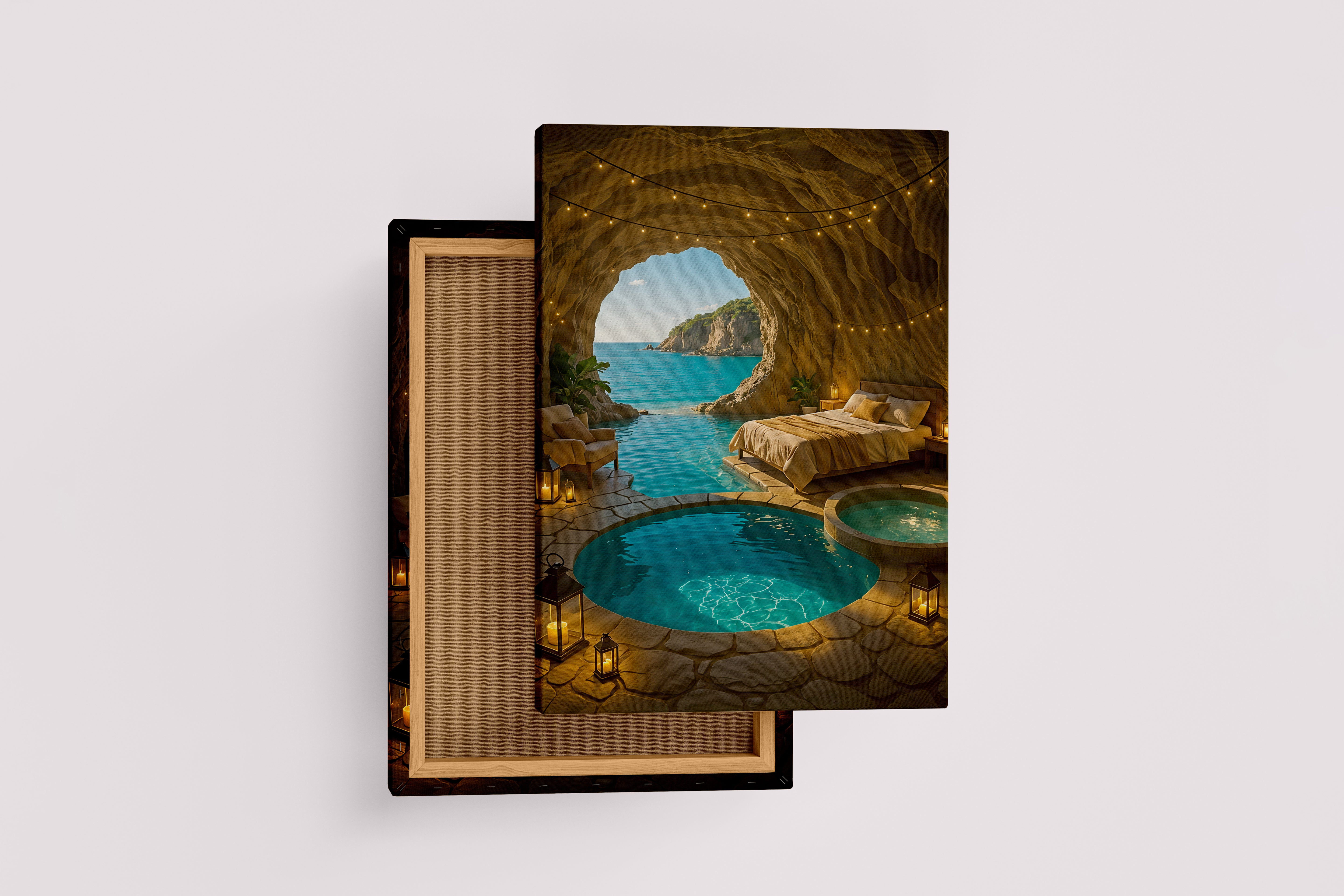 ai creation, hotel room inside the cave and sea view model 1, ai art, art, kanvas tablo
