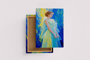 ai creation, woman in blue and yellow tones dress in oil painting style, ai art, art, kanvas tablo