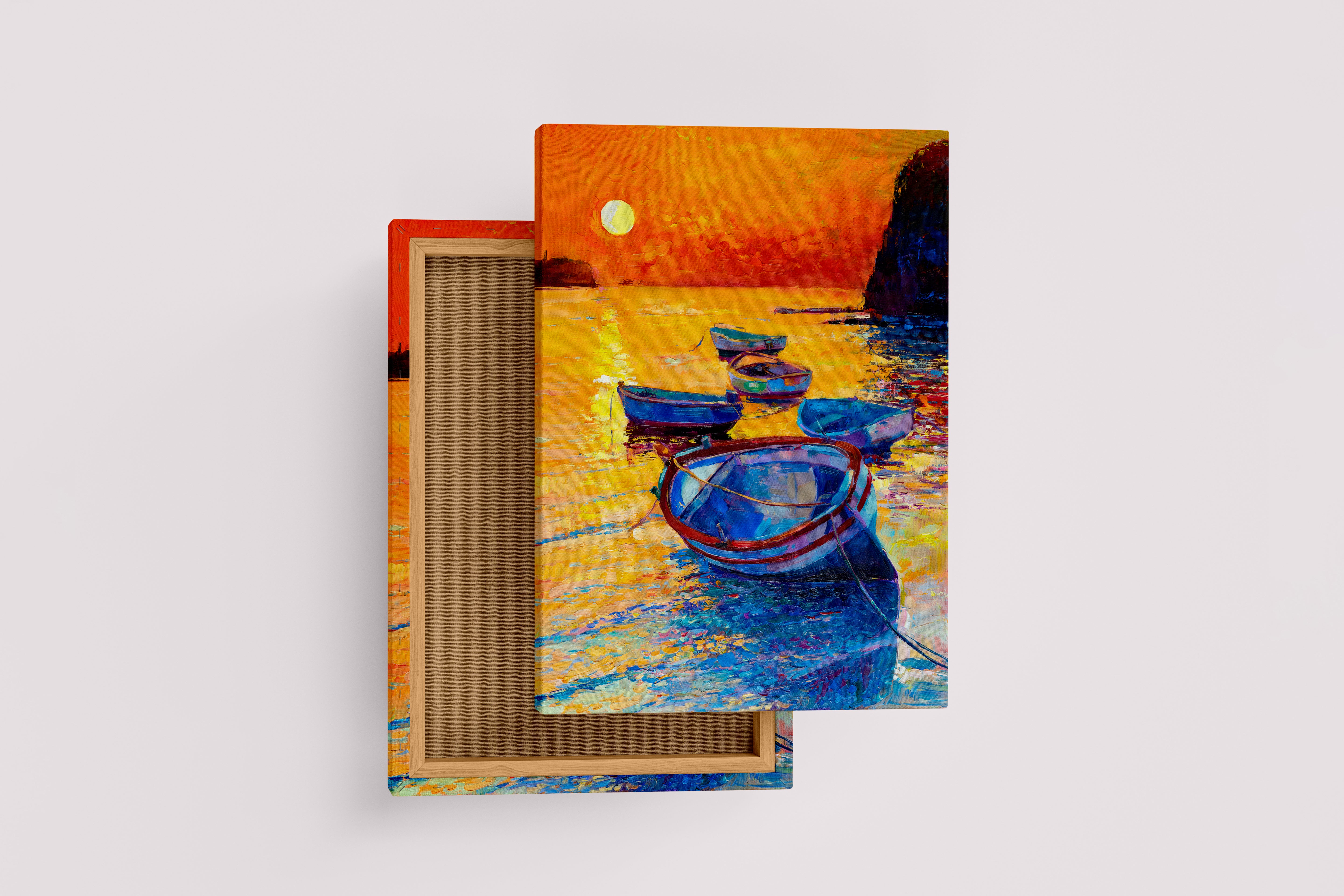 an impressionist oil painting of boats on the sea during a vibrant orange sunset, abstract, art, kanvas tablo