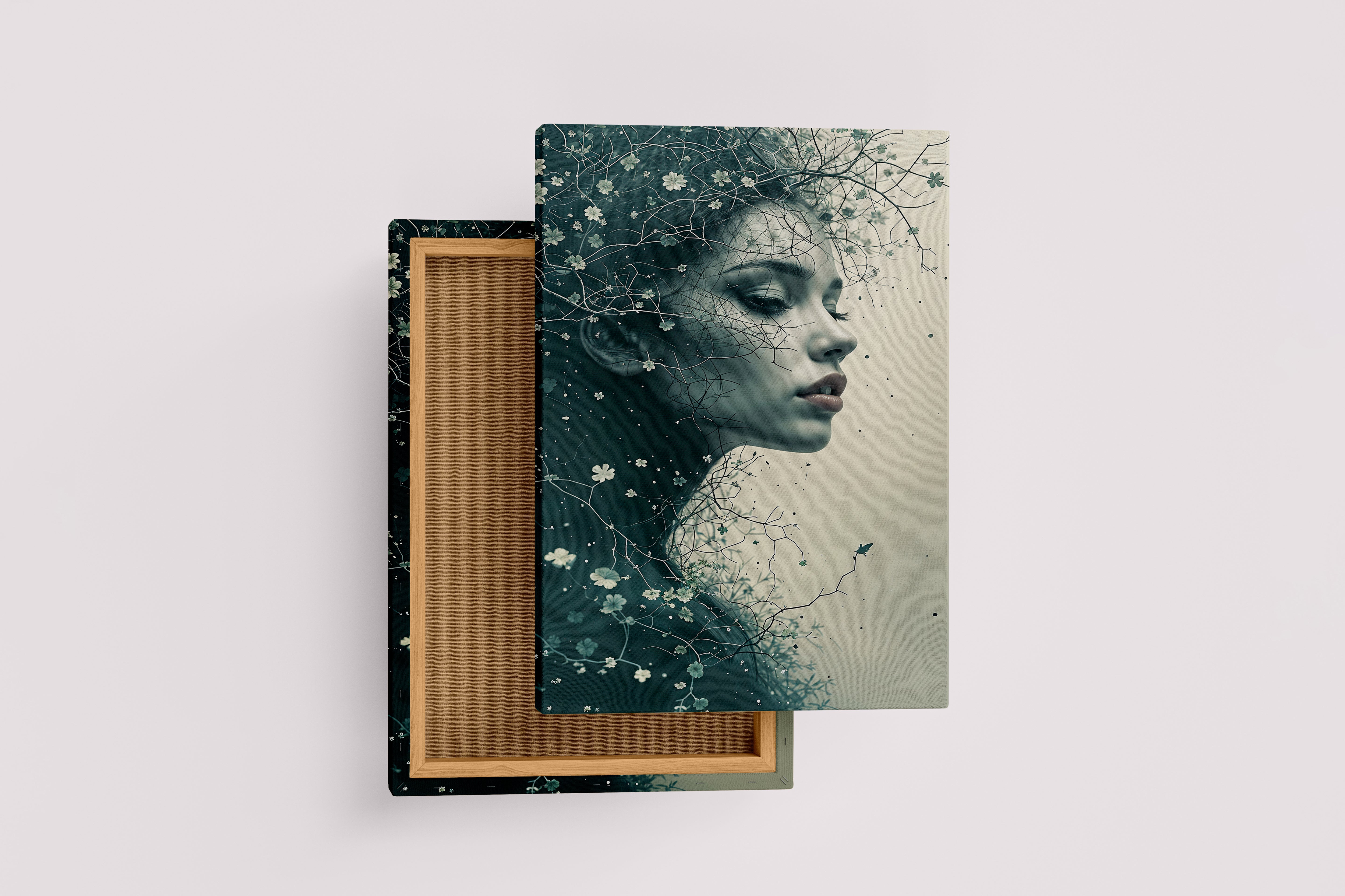 ai creation, a woman's profile dissolving into dark branches with tiny white flowers, ai art, art, kanvas tablo