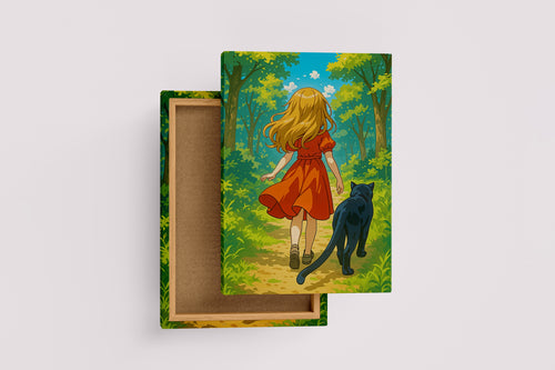 ai creation, woman in red and her cat in the forest, kid, ai art, art, kanvas tablo