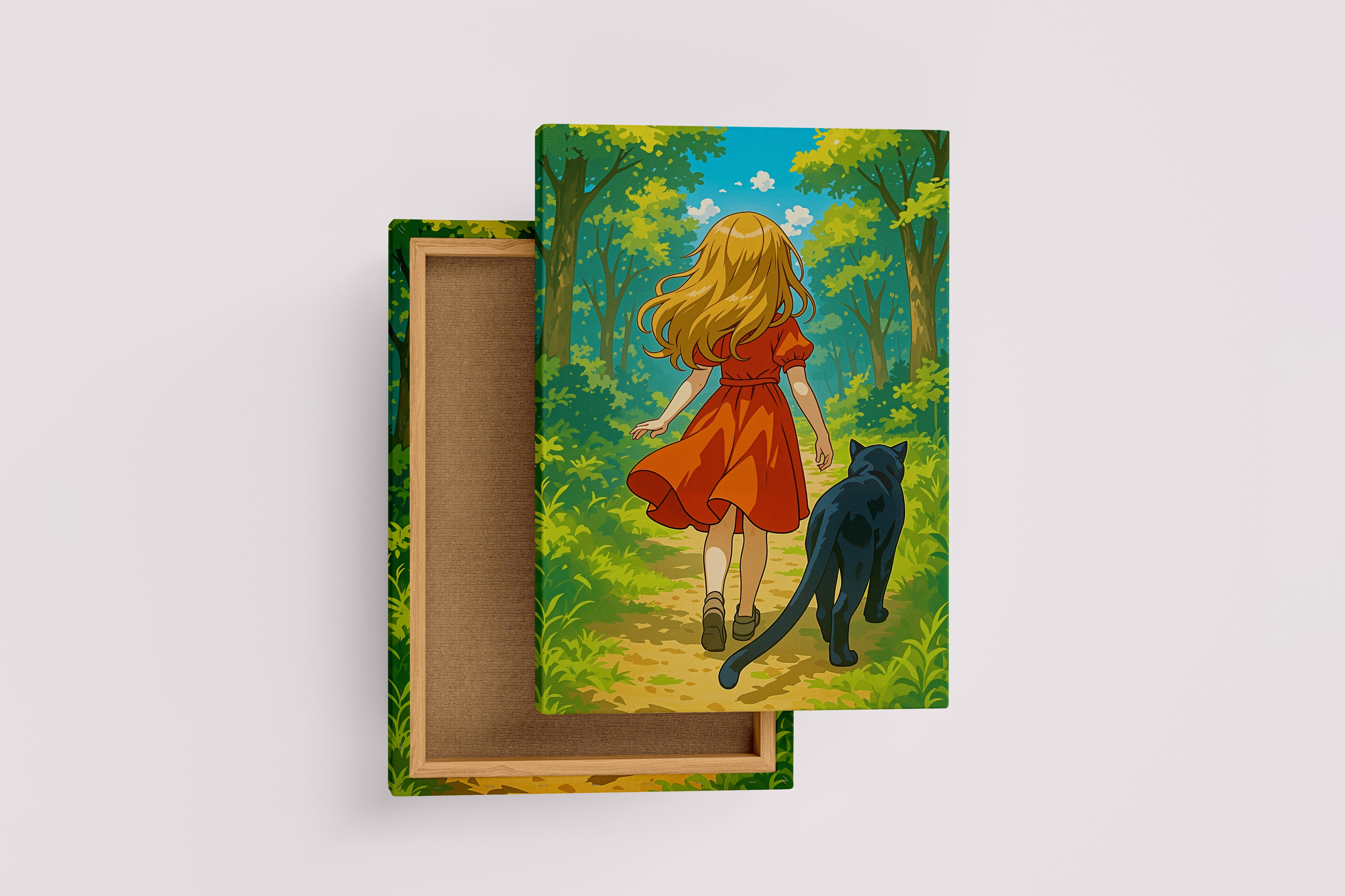 ai creation, woman in red and her cat in the forest, kid, ai art, art, kanvas tablo