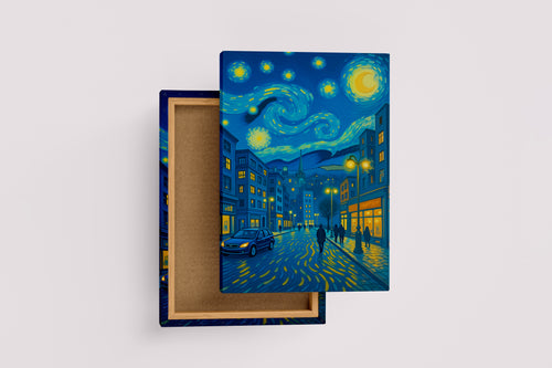 Modern Şehirde Yıldızlı Gece Van Gogh Tarzında Dışavurumcu Manzara Kanvas Tablo