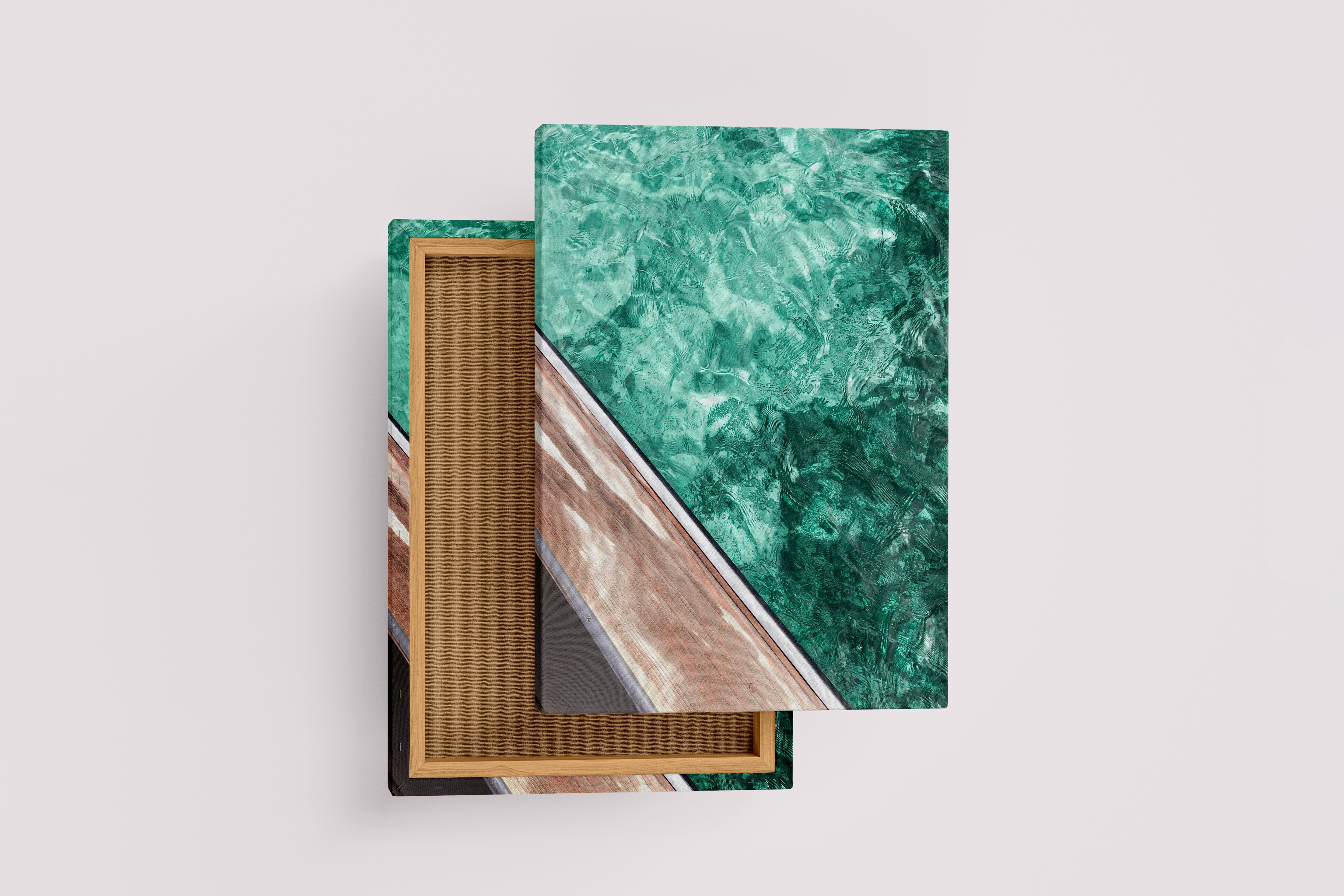 a diagonal view from a wooden deck looking down into clear, turquoise ocean water, abstract, art, kanvas tablo
