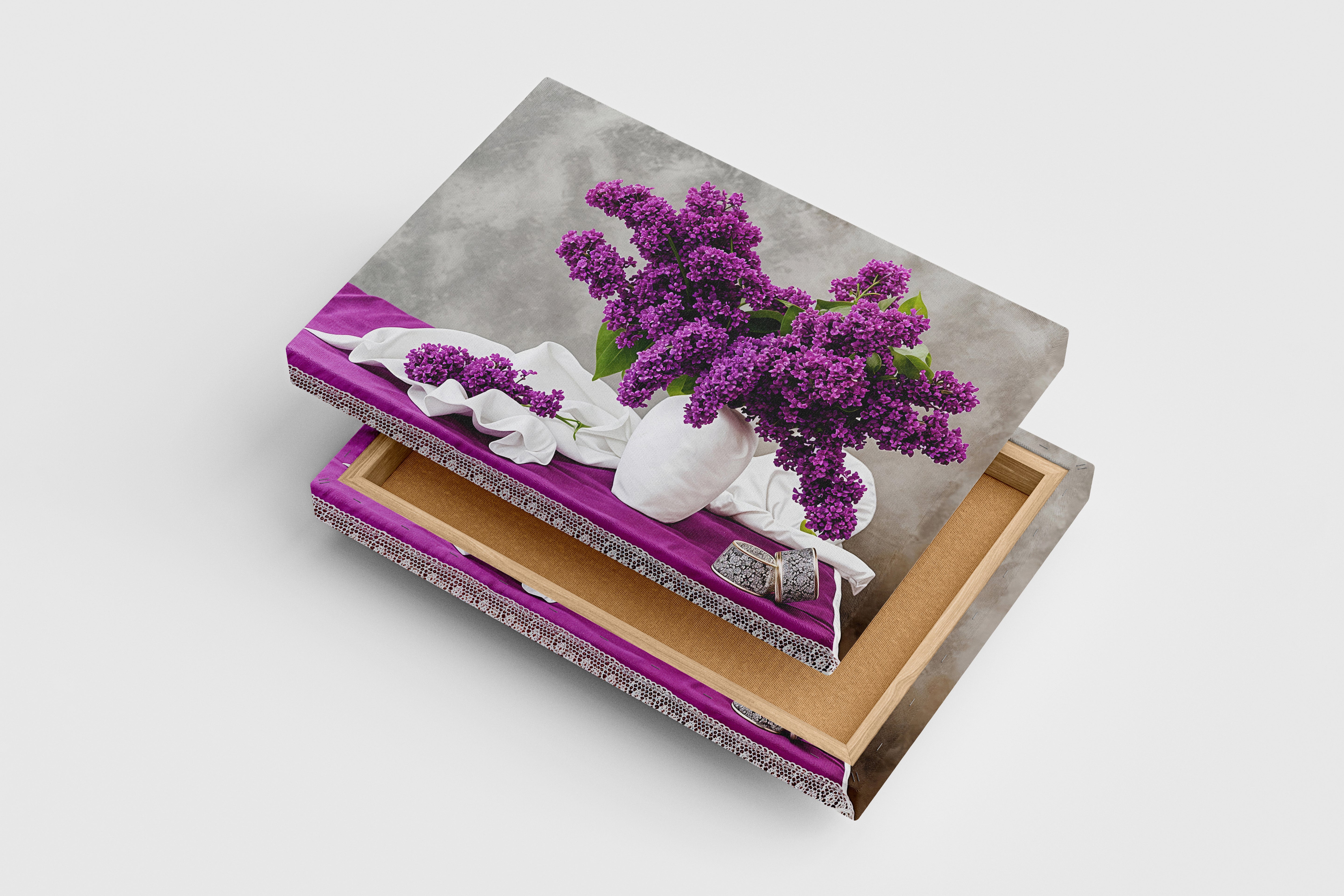 flower motif, purple flowers/white vase, art, kanvas tablo