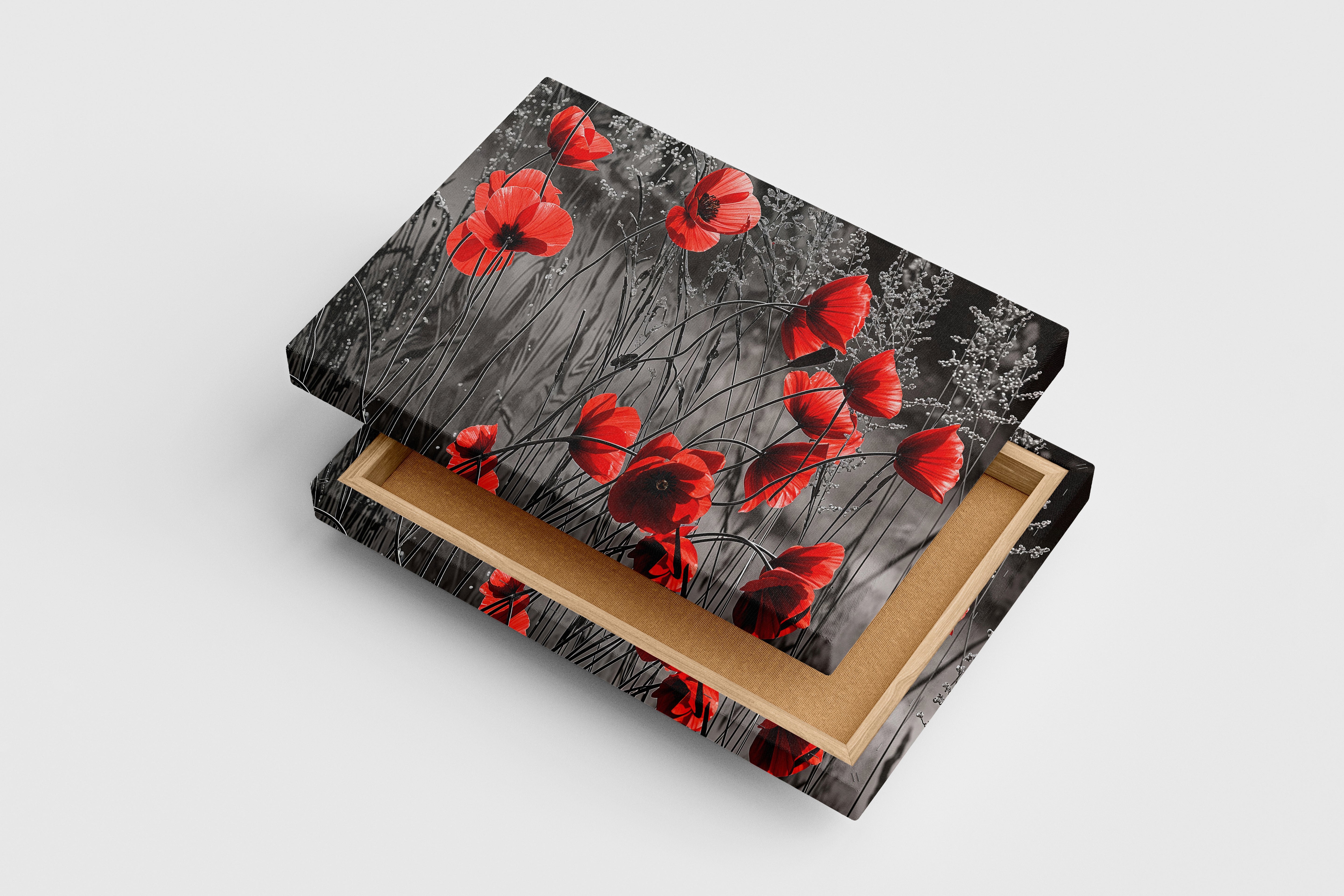 flower motif, red flowers blooming via dark theme, art, kanvas tablo