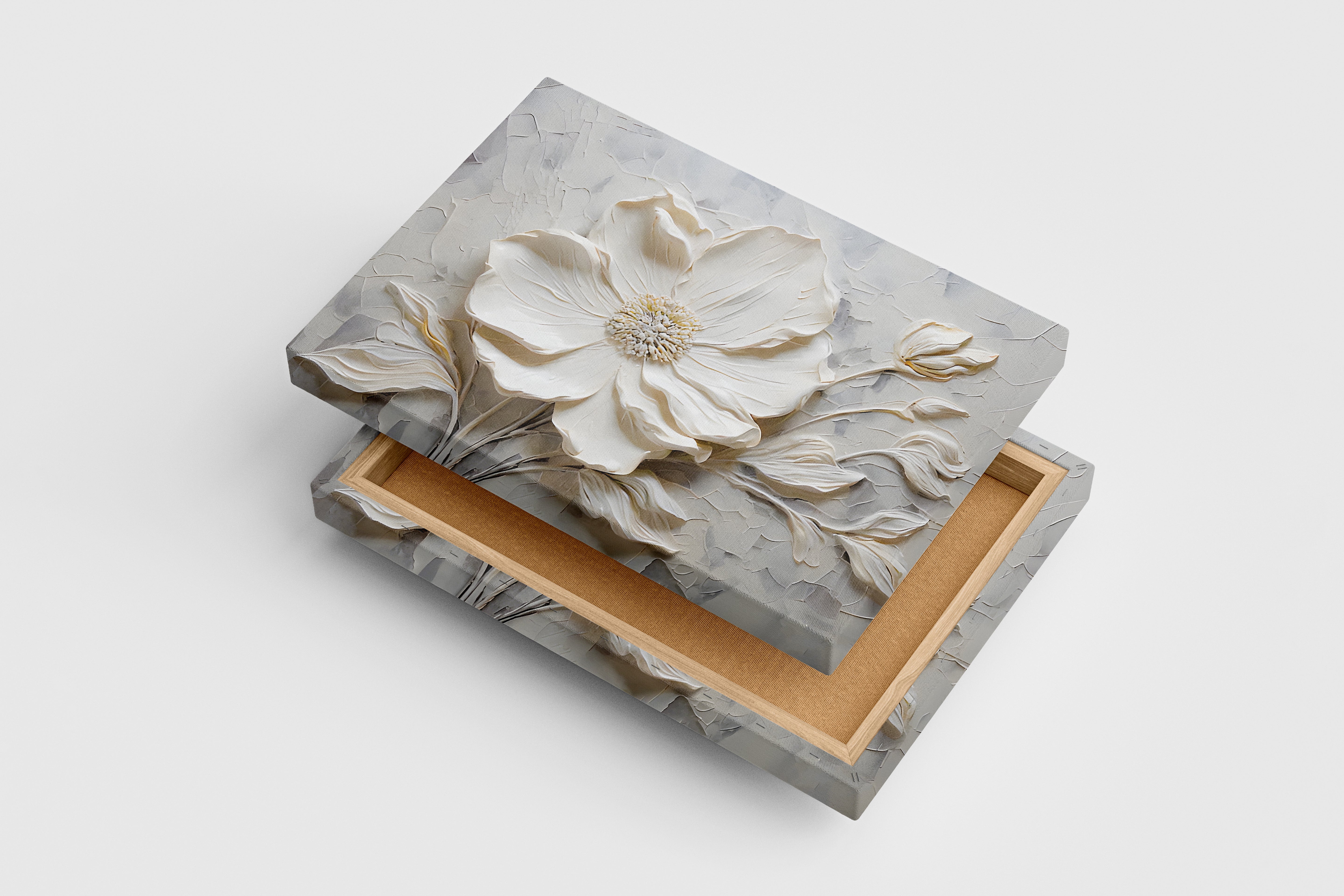 flower motif, high white relief, art, kanvas tablo