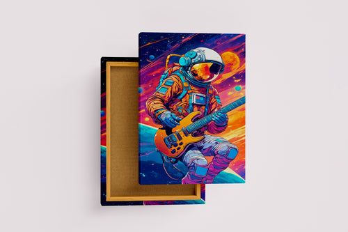 ai creation, astronaut playing guitar in space model 3, orange theme, ai art, art, kanvas tablo