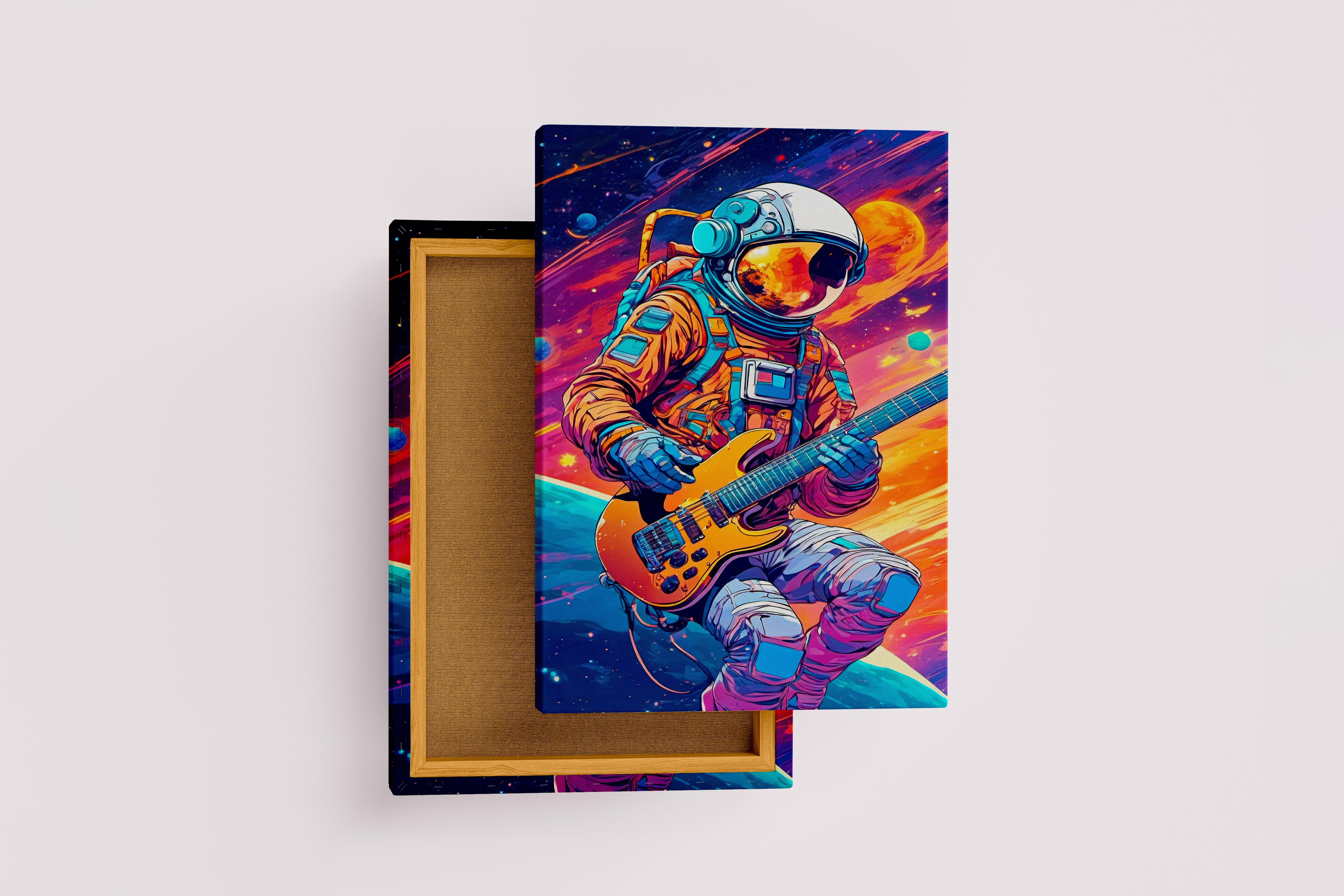 ai creation, astronaut playing guitar in space model 3, orange theme, ai art, art, kanvas tablo