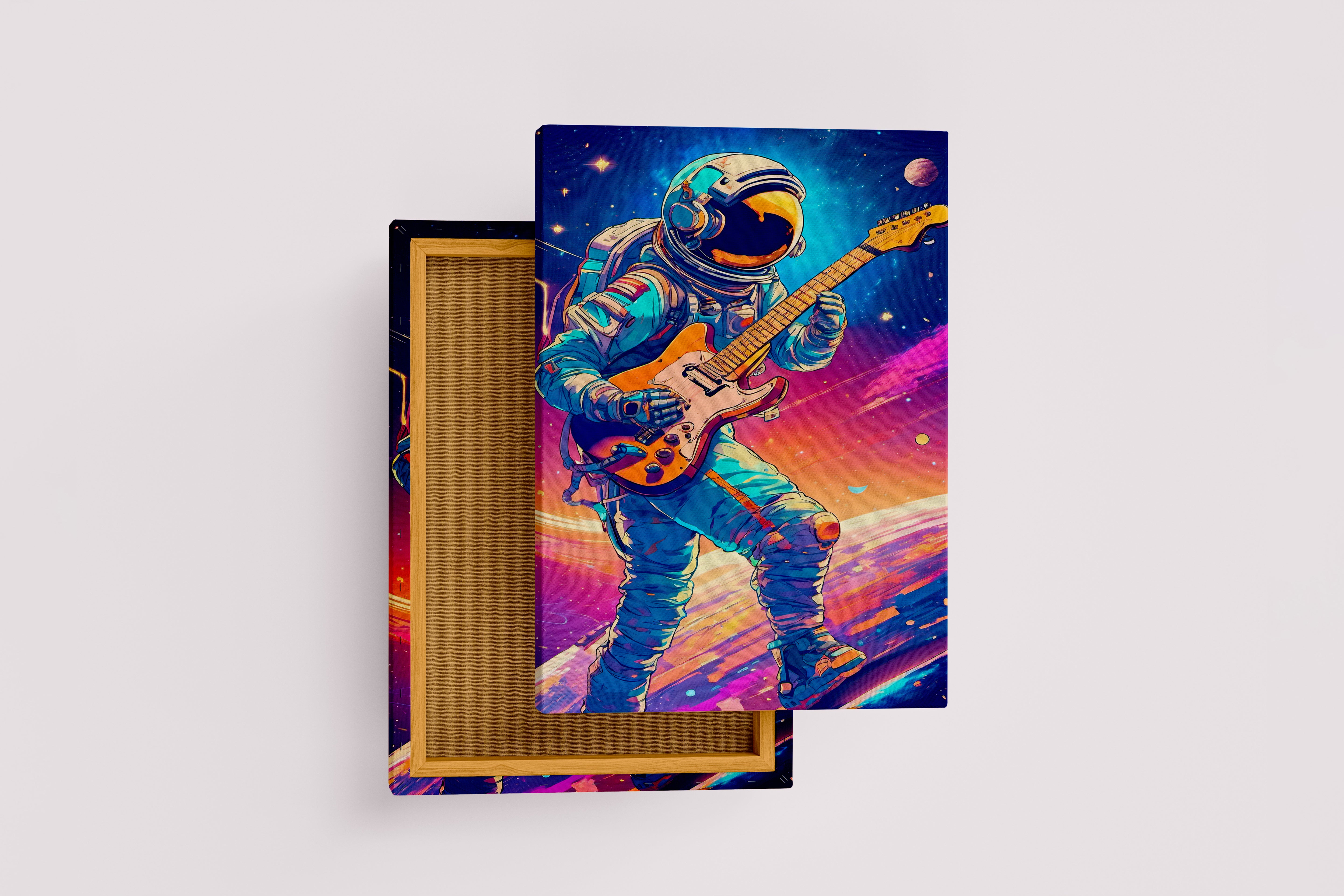 ai creation, astronaut playing guitar in space model 4, orange theme, ai art, art, kanvas tablo