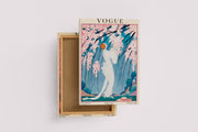 a vintage art nouveau vogue cover of a woman under pink blossoms, art, kanvas tablo