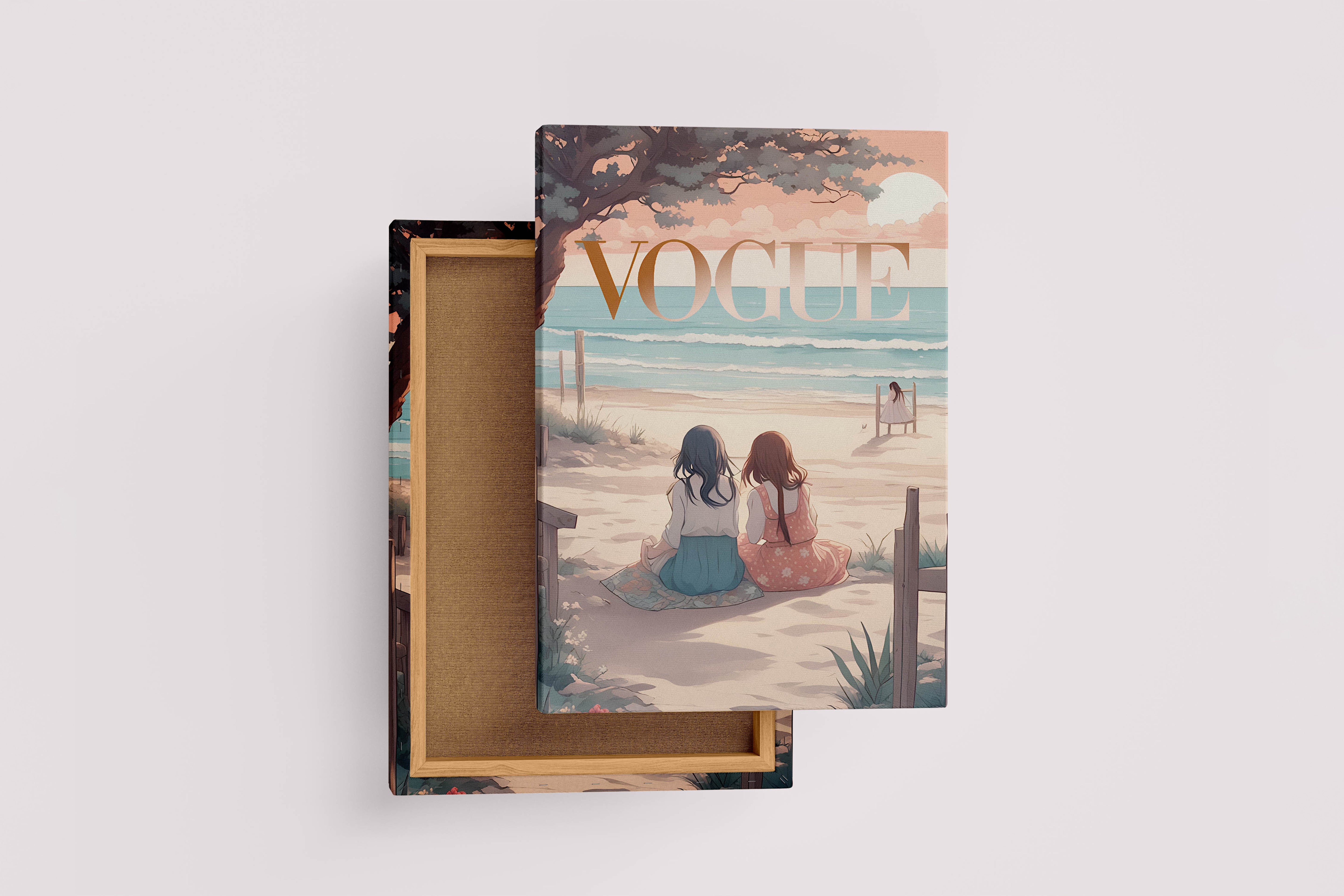 ai creation vogue, anime, beauty, sitting on the beach, art, kanvas tablo
